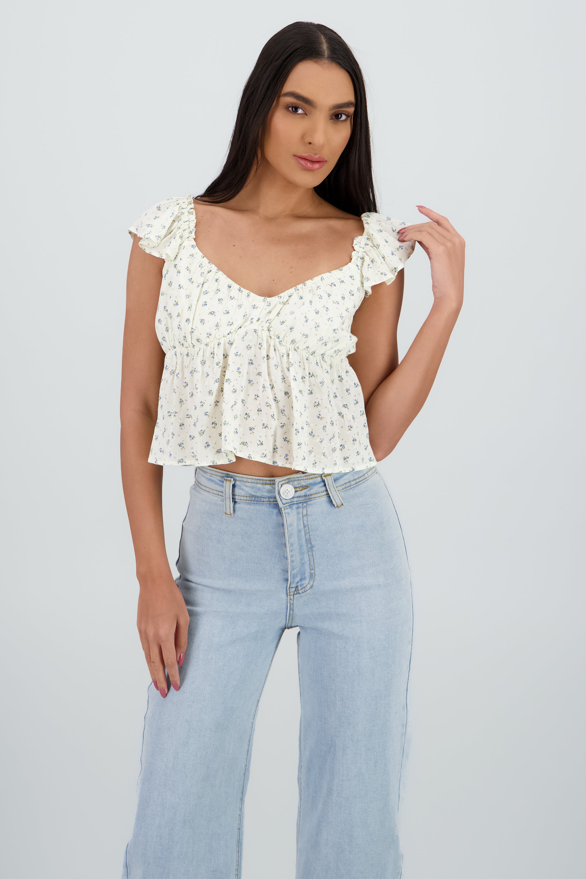 Top fluido con escote en V BLANCO COMBO