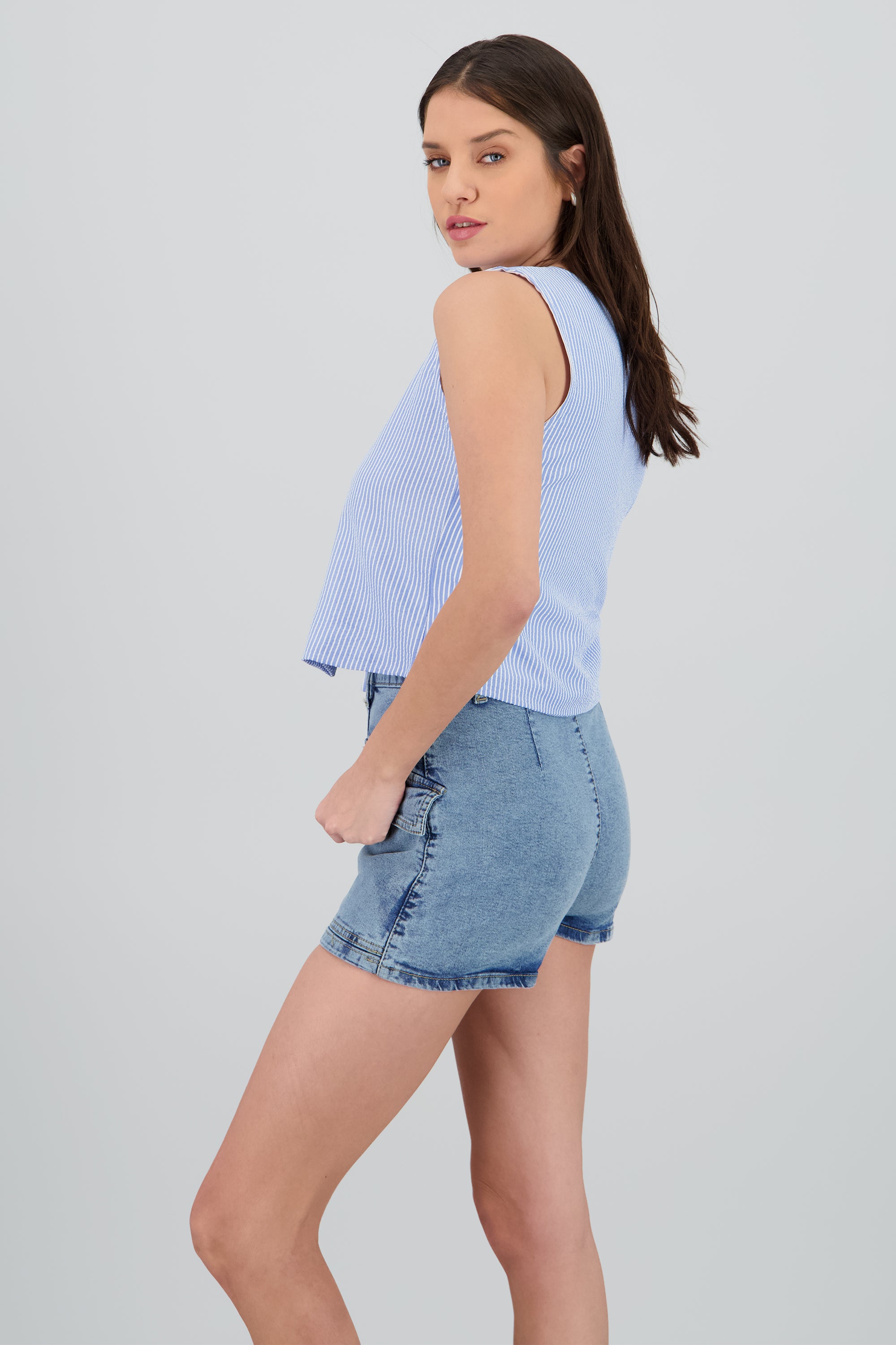 Blusa cuello v detalle moños rayas AZUL COMBO