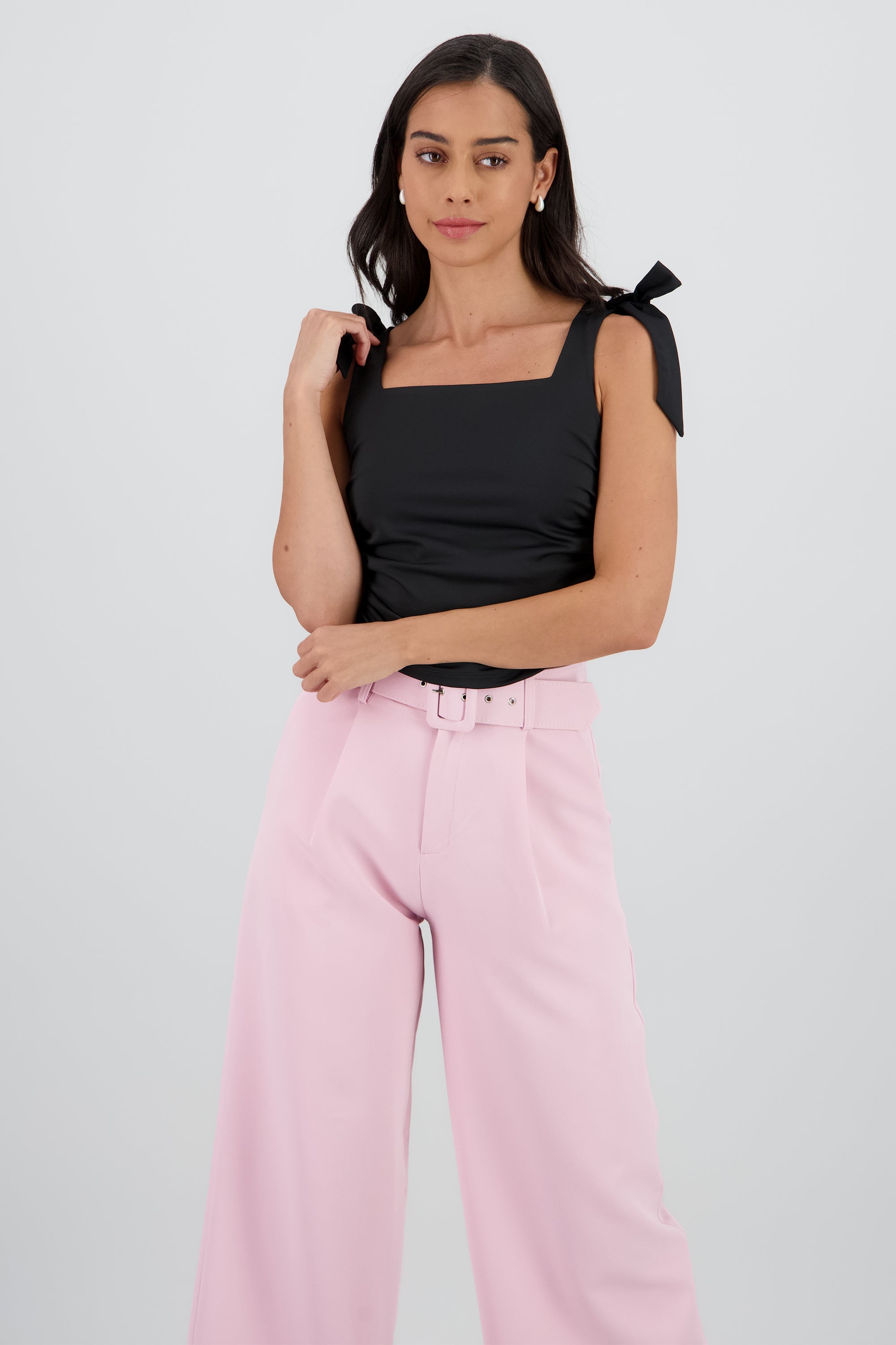 Top moños costados plisados NEGRO