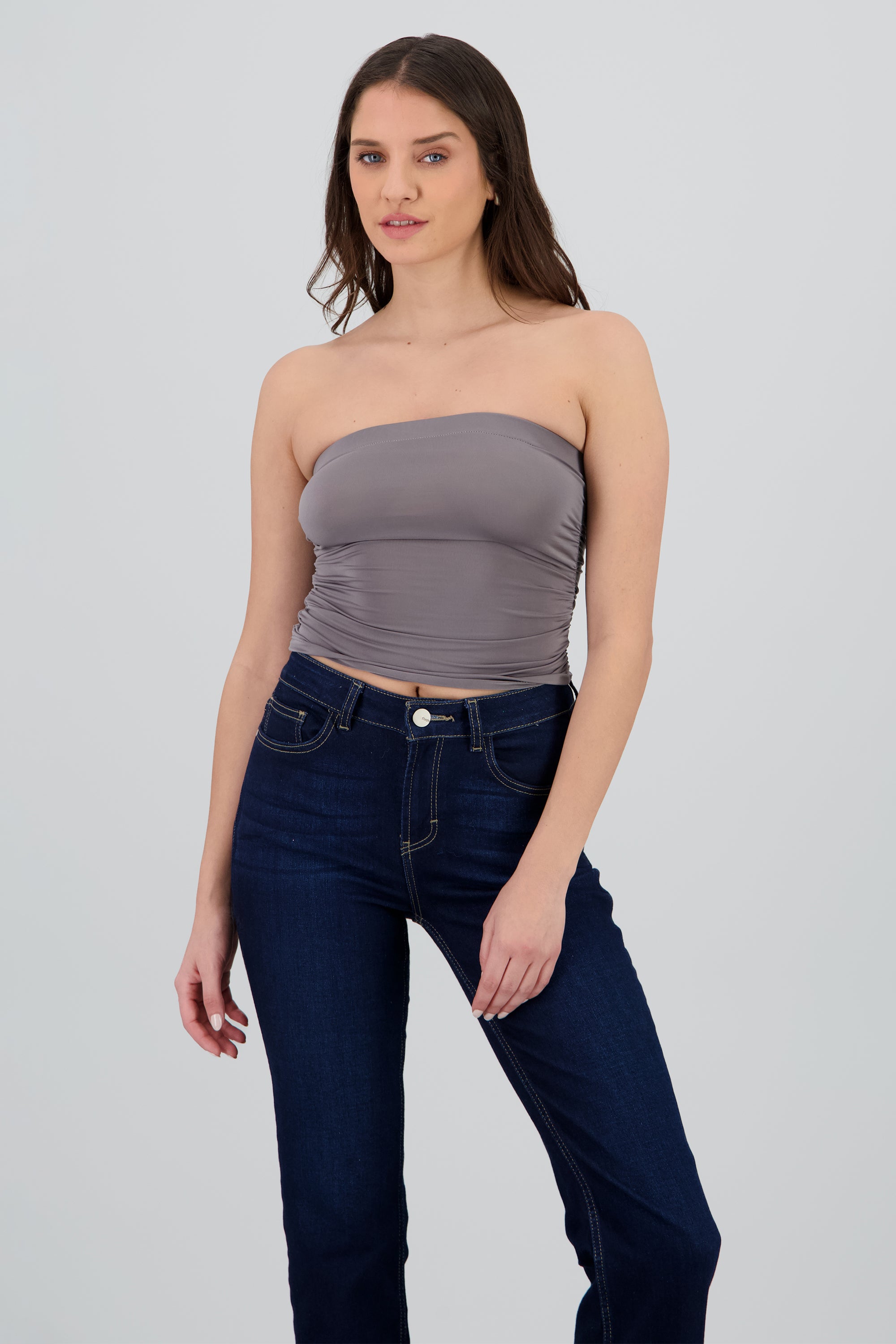 Top tubo drapeado detalle strapless GRIS