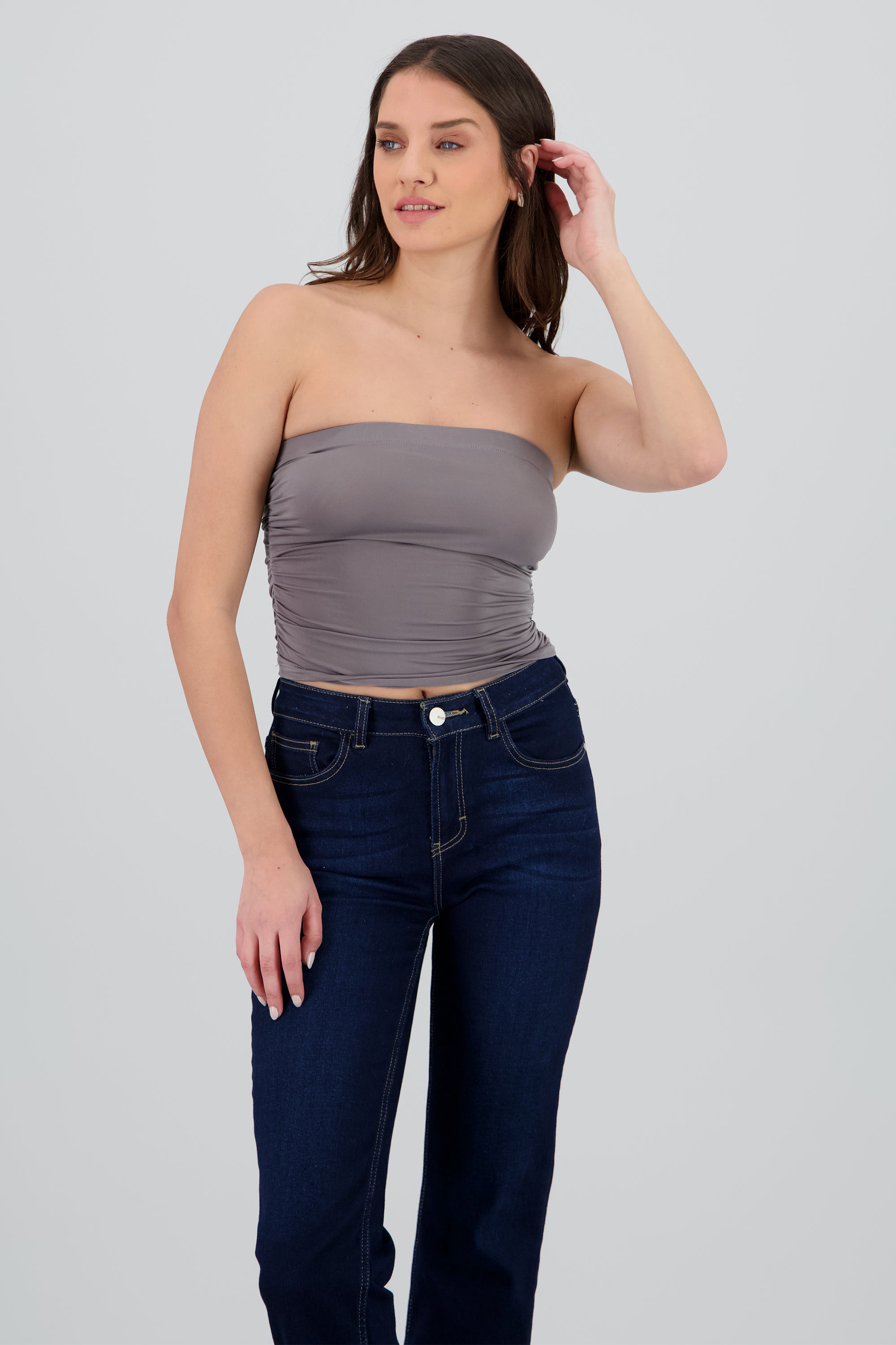 Top tubo drapeado detalle strapless GRIS