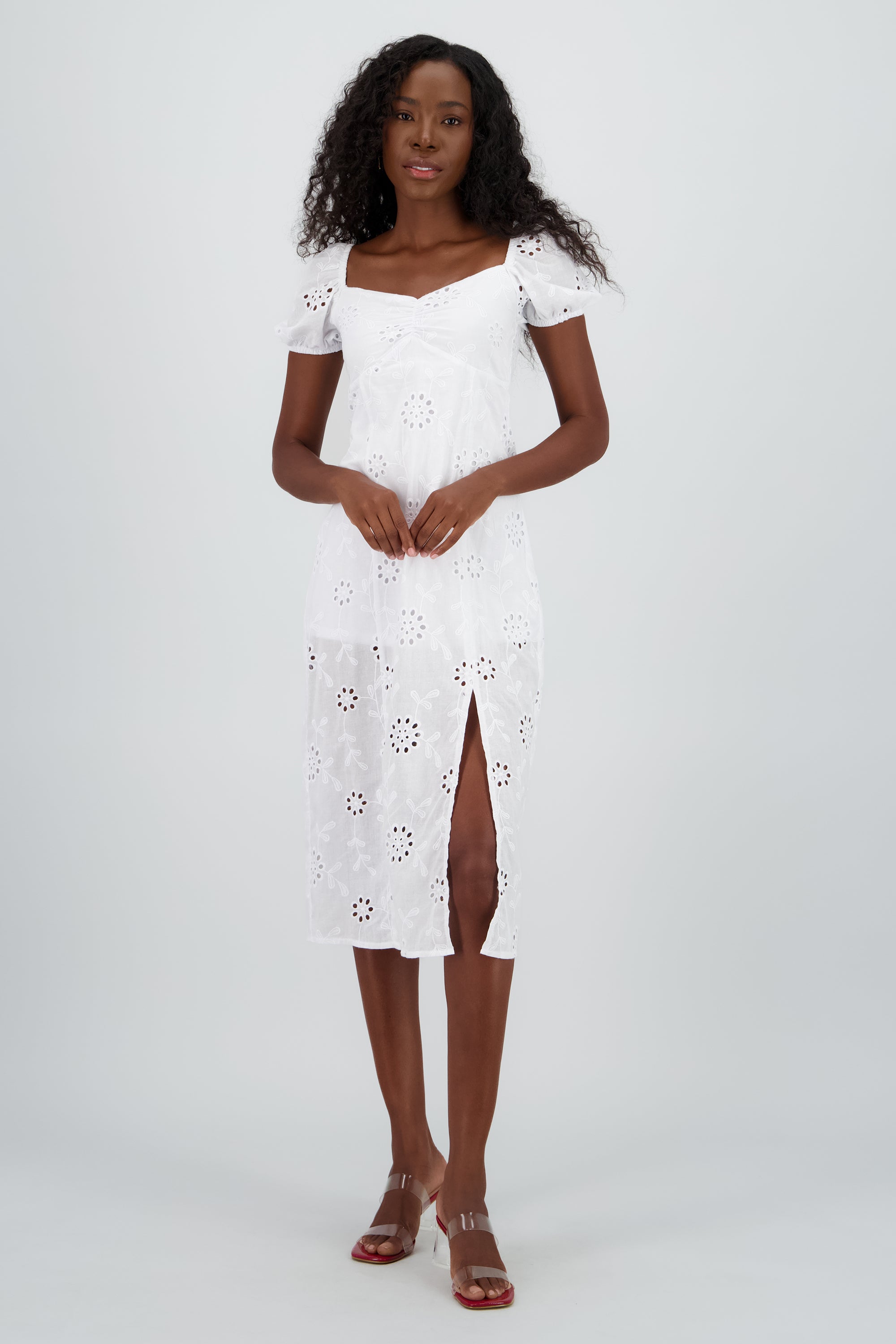 Vestido midi manga abullonada textura BLANCO