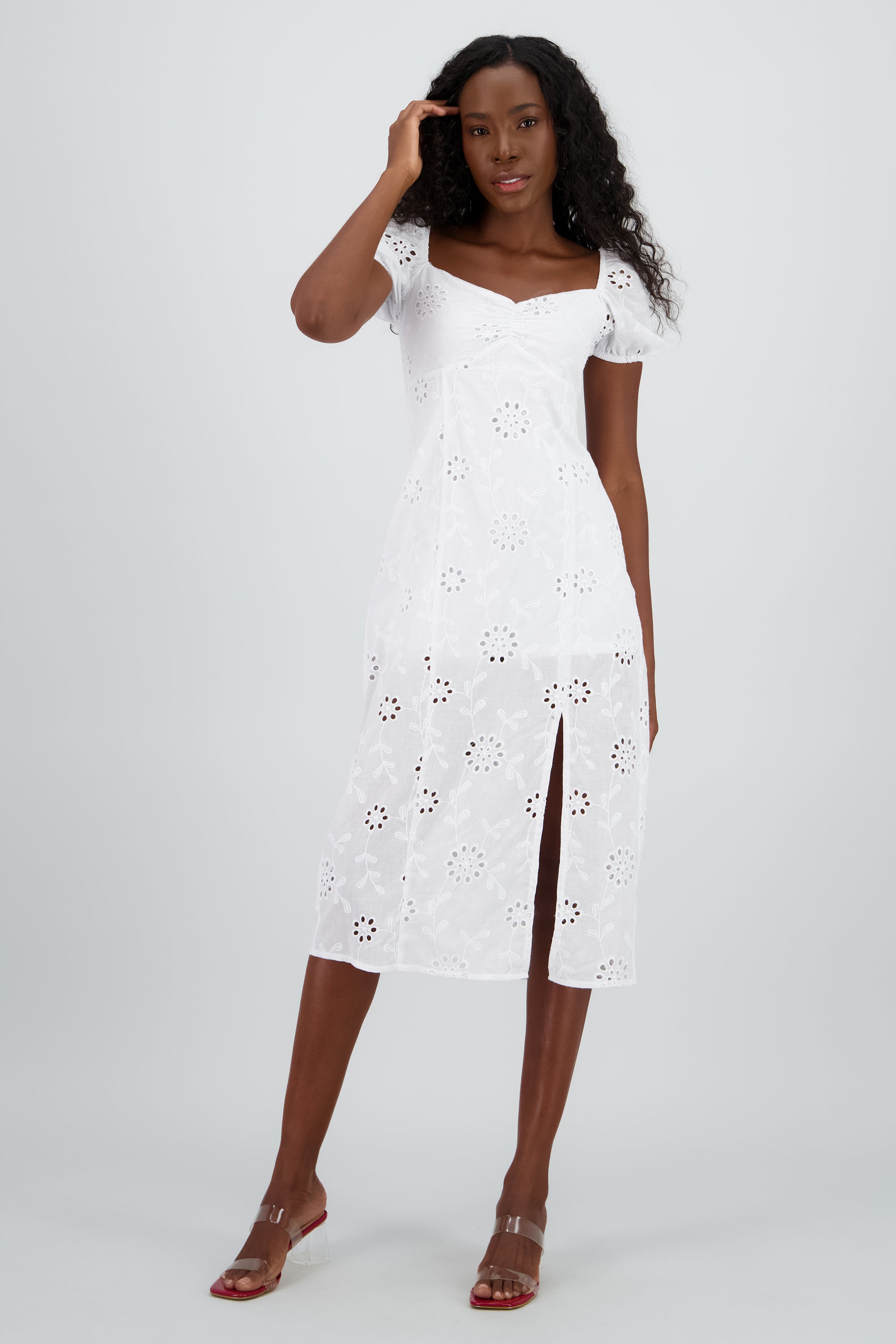 Vestido midi manga abullonada textura BLANCO