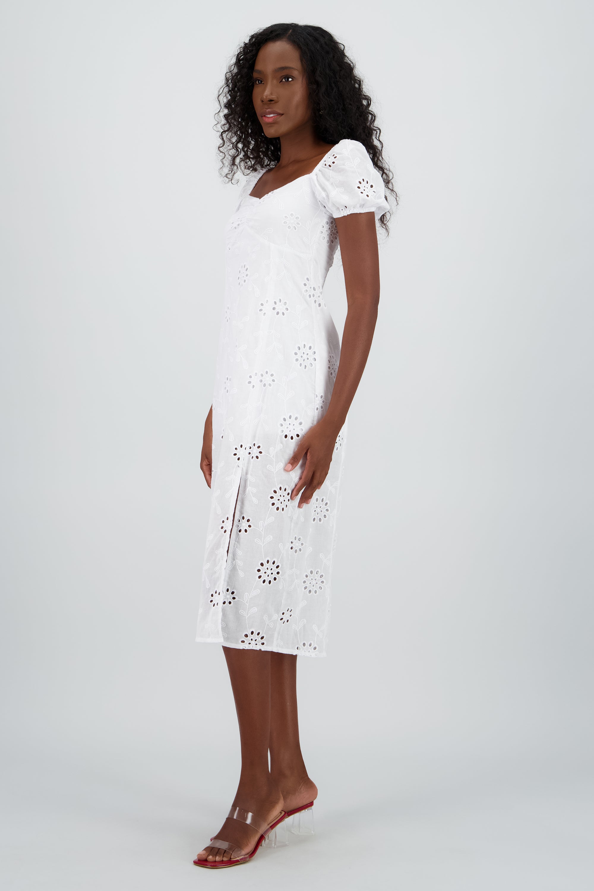 Vestido midi manga abullonada textura BLANCO
