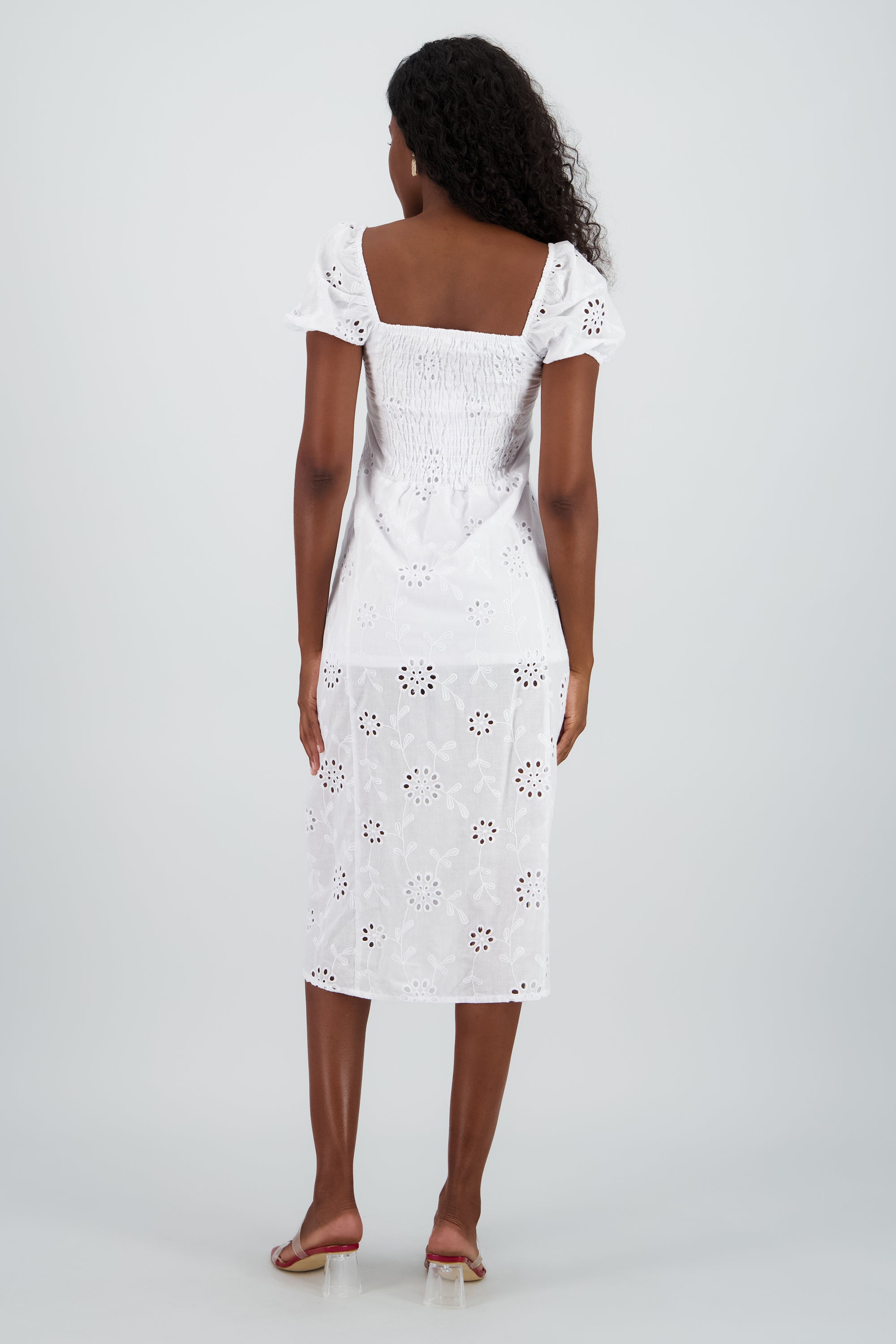 Vestido midi manga abullonada textura BLANCO