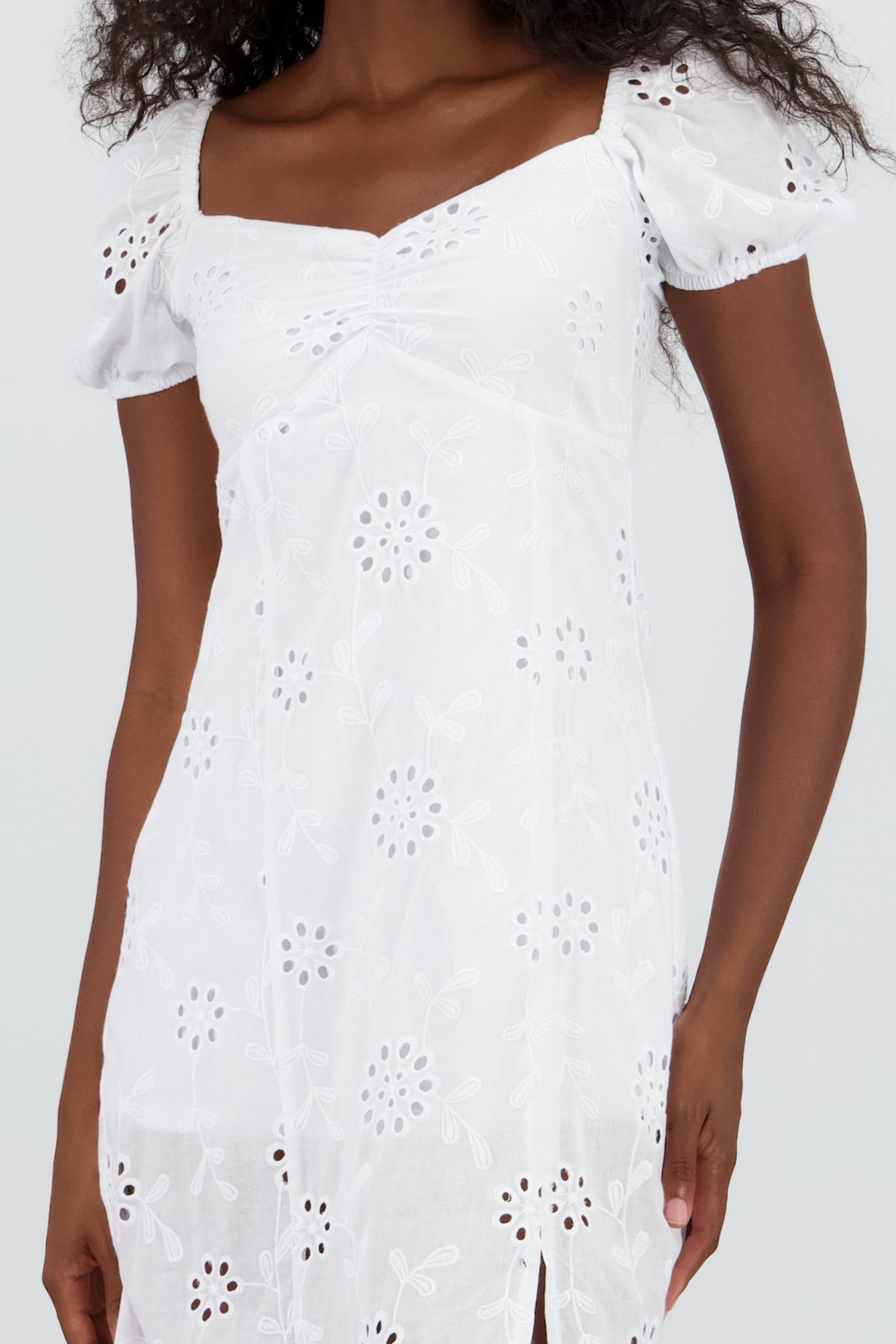 Vestido midi manga abullonada textura BLANCO