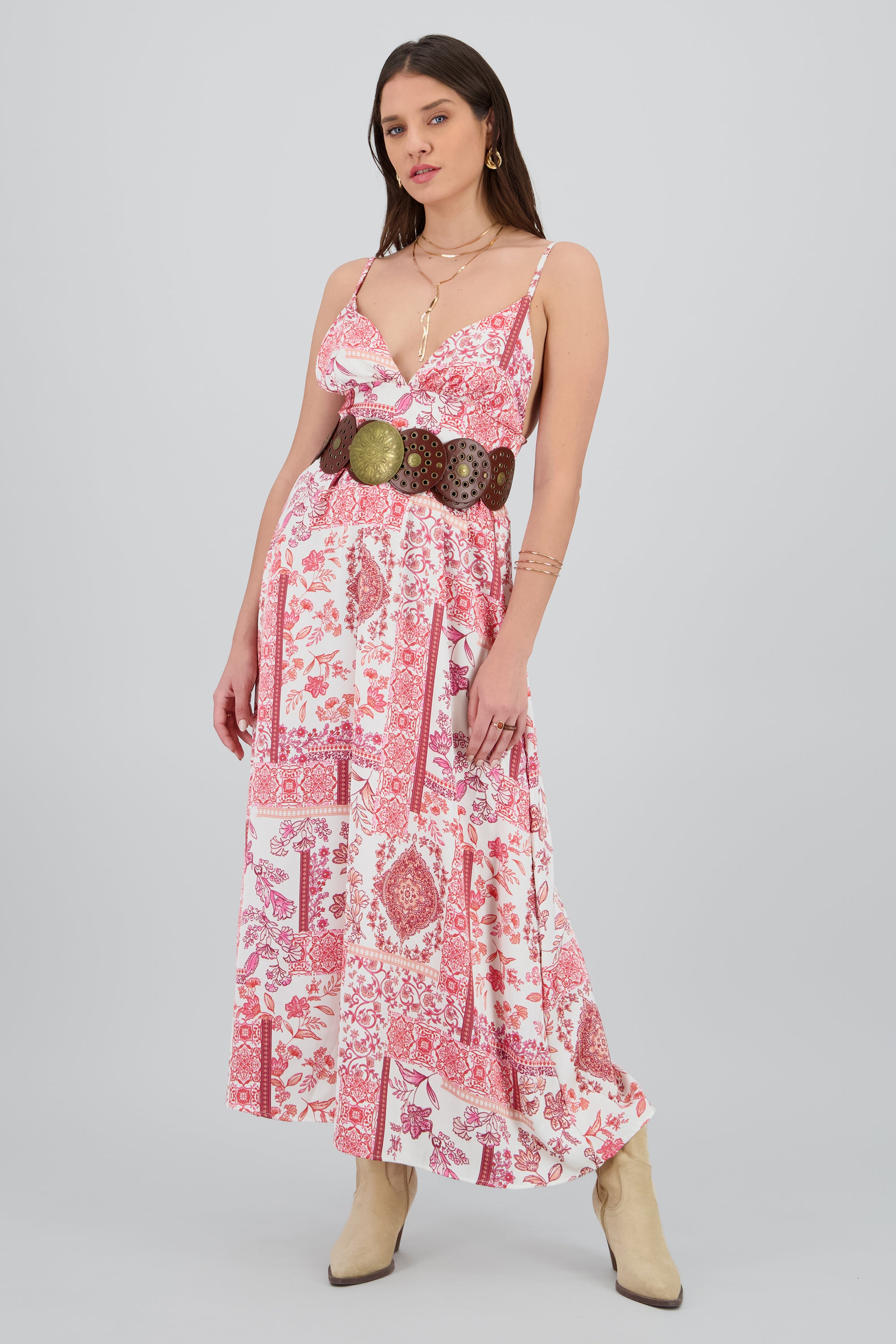 Vestido maxi tirantes estampado flores ROSA COMBO