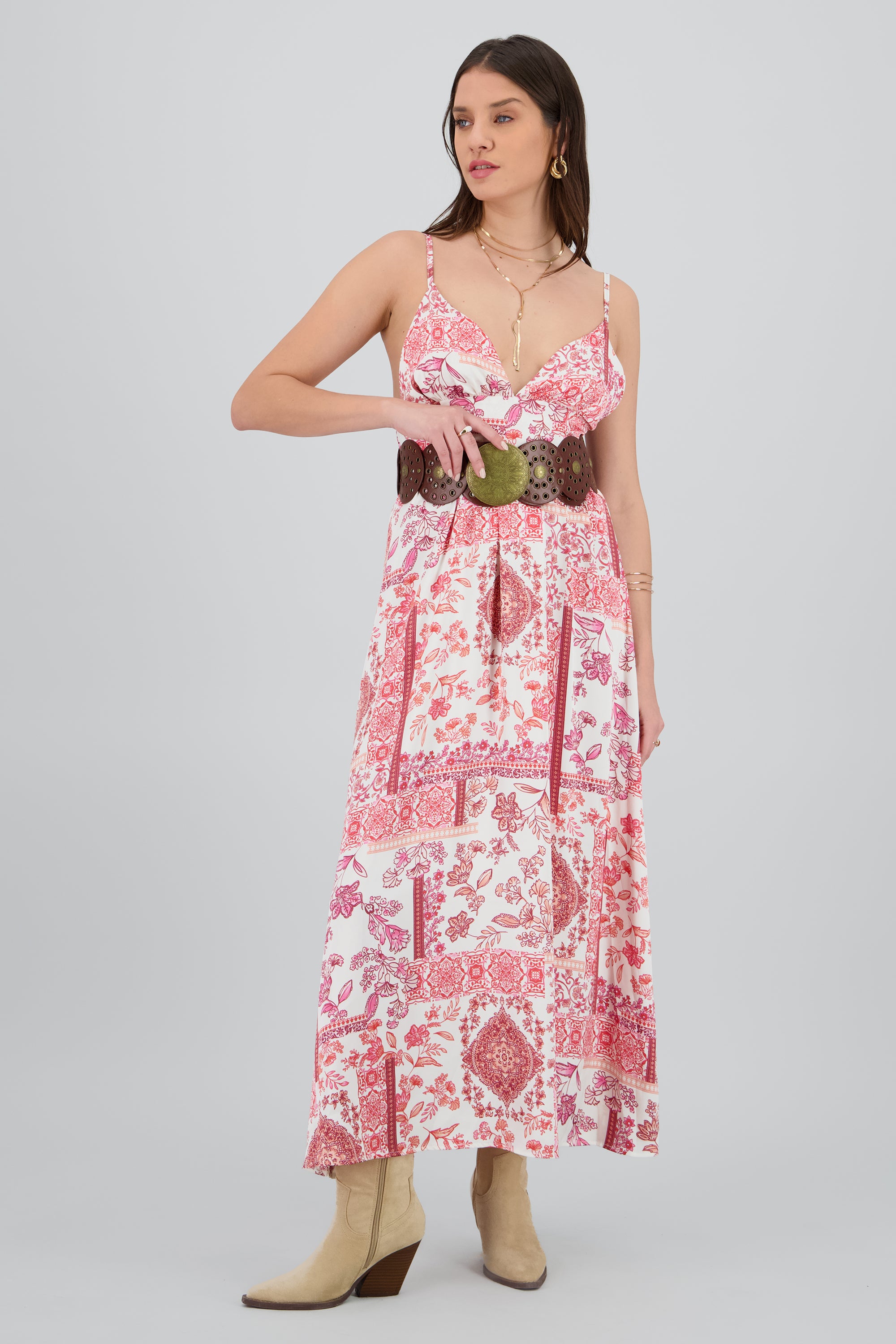 Vestido maxi tirantes estampado flores ROSA COMBO