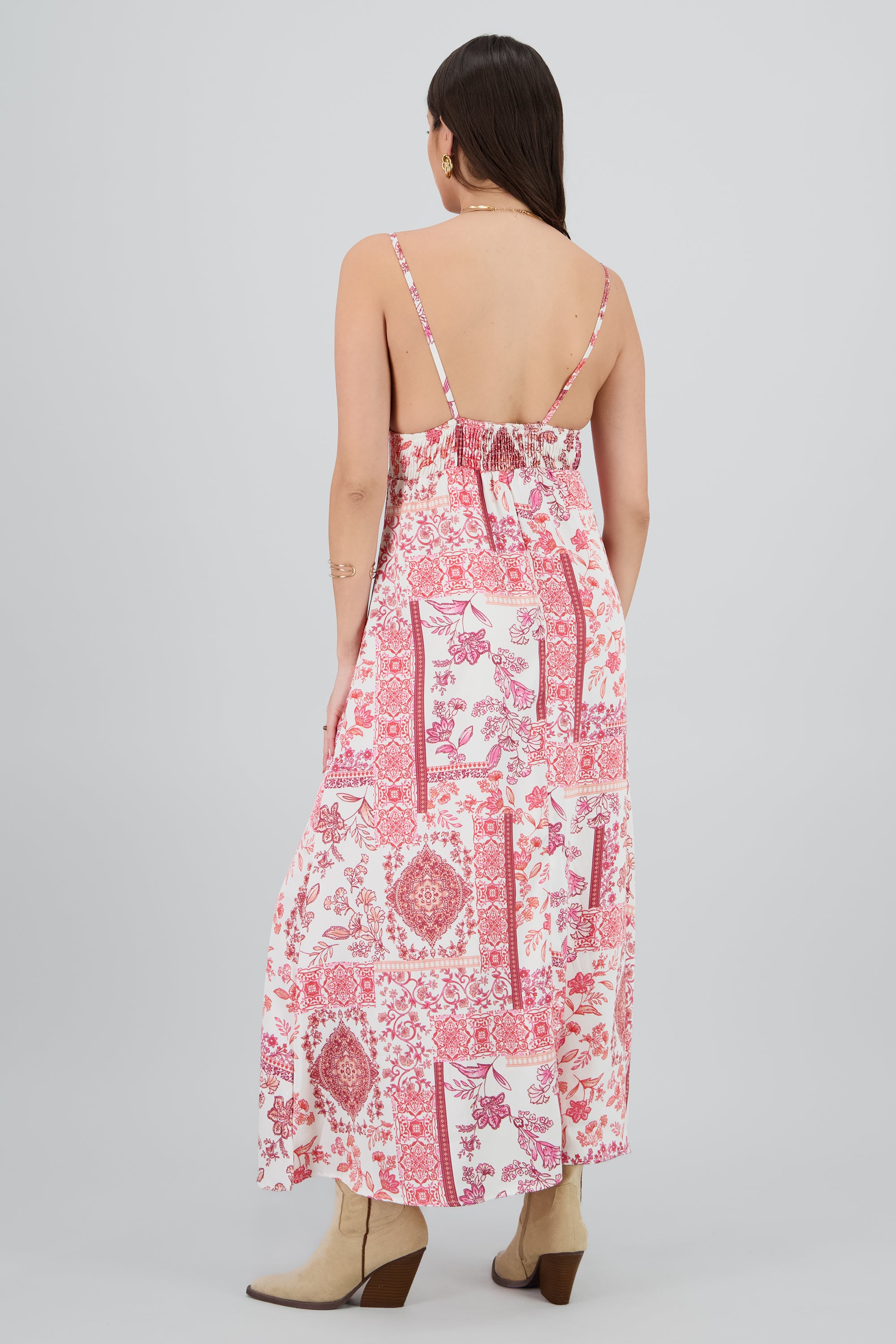 Vestido maxi tirantes estampado flores ROSA COMBO