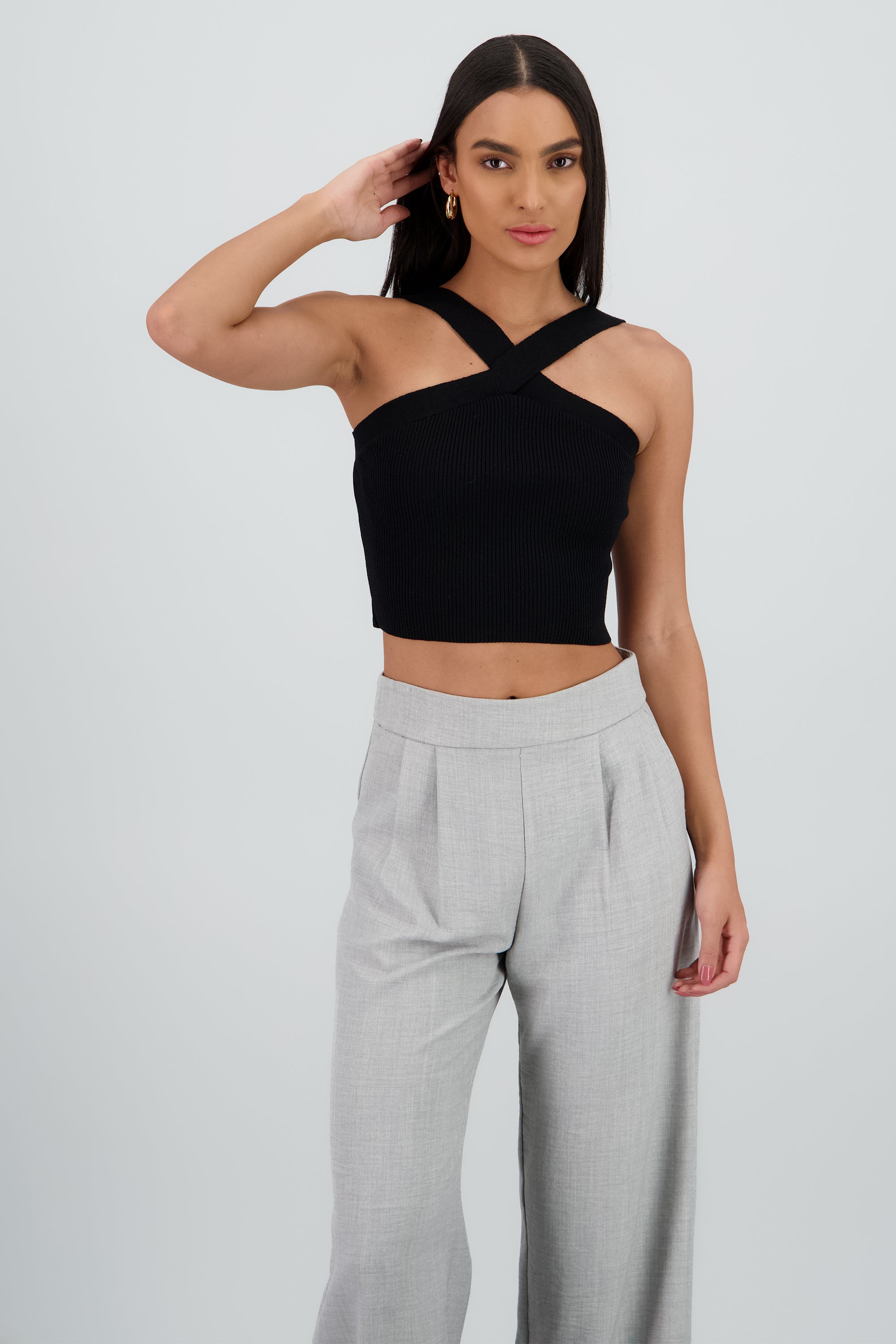 Top crop tejido cruzado NEGRO