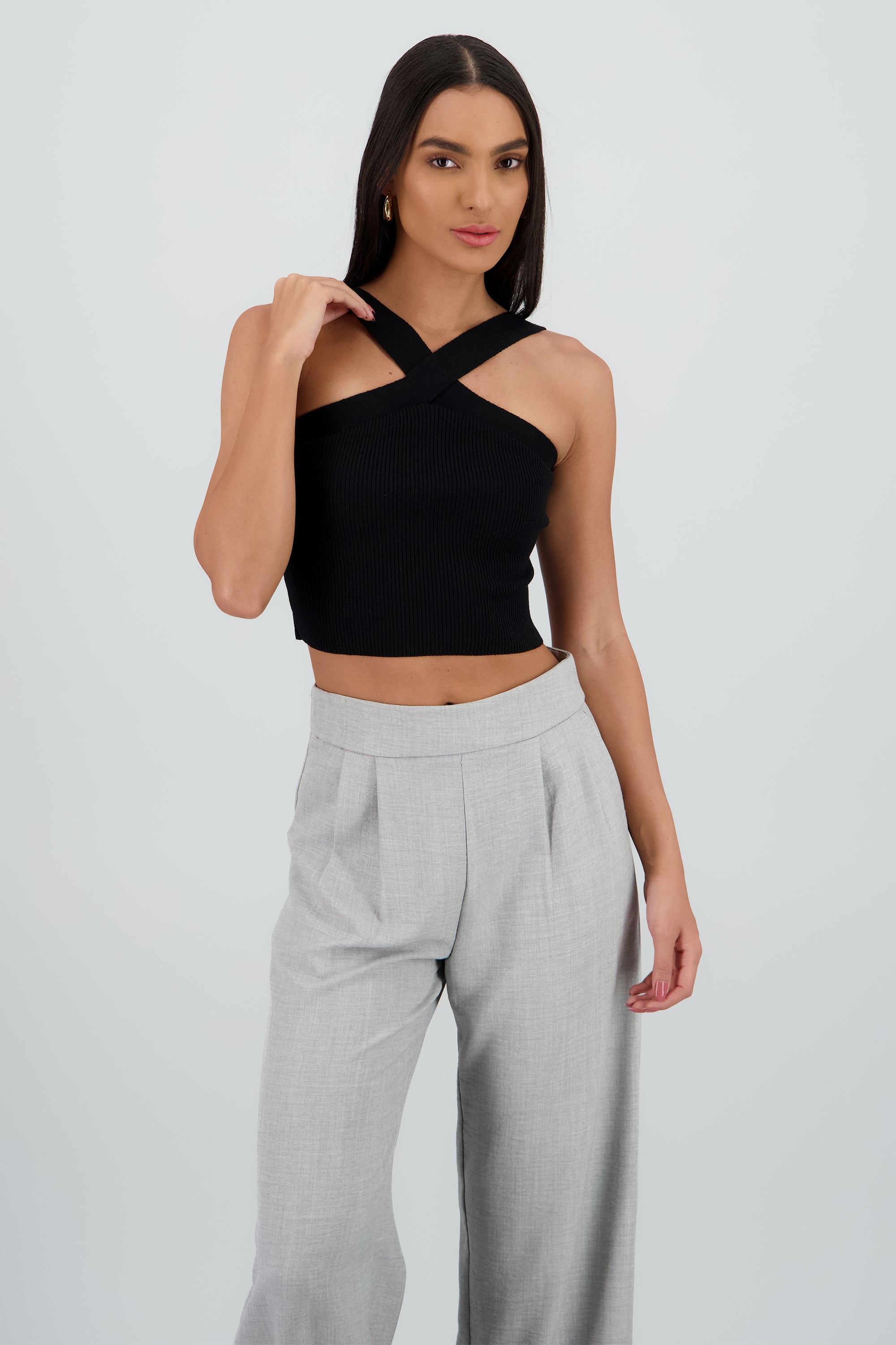 Top crop tejido cruzado NEGRO