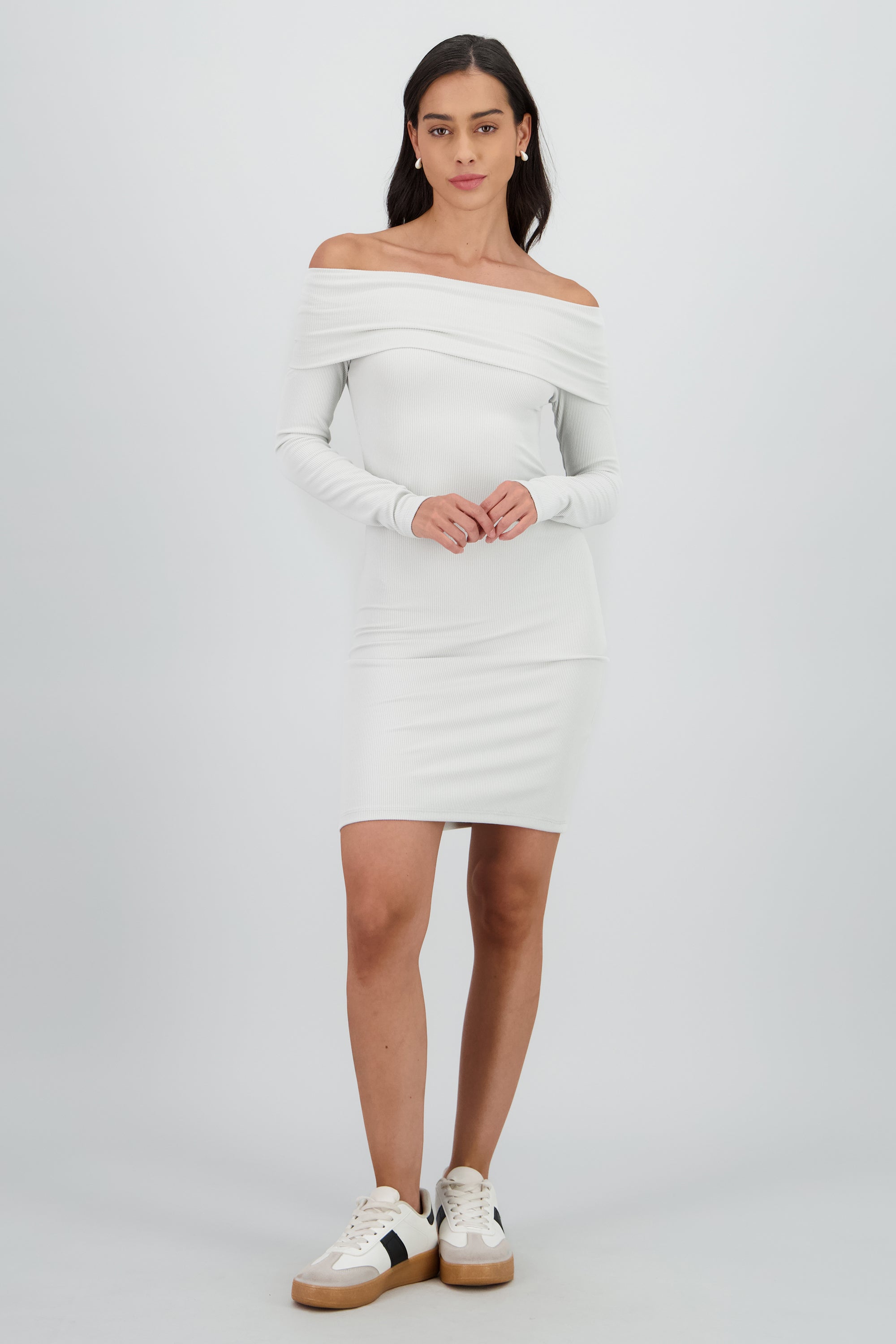 Vestido midi rib off shoulder GRIS CLARO