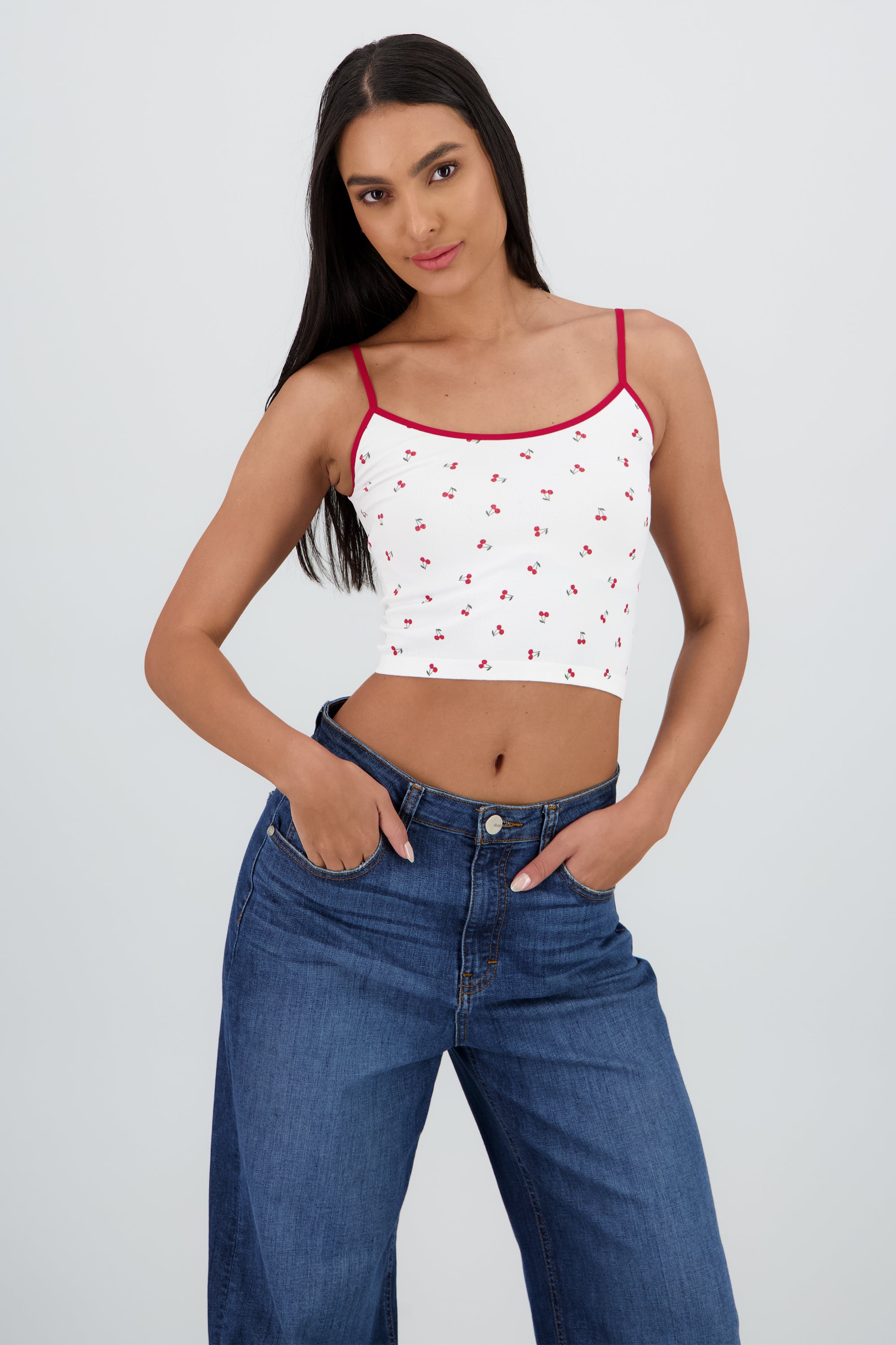Top tirantes contraste estampado cerezas ROJO COMBO