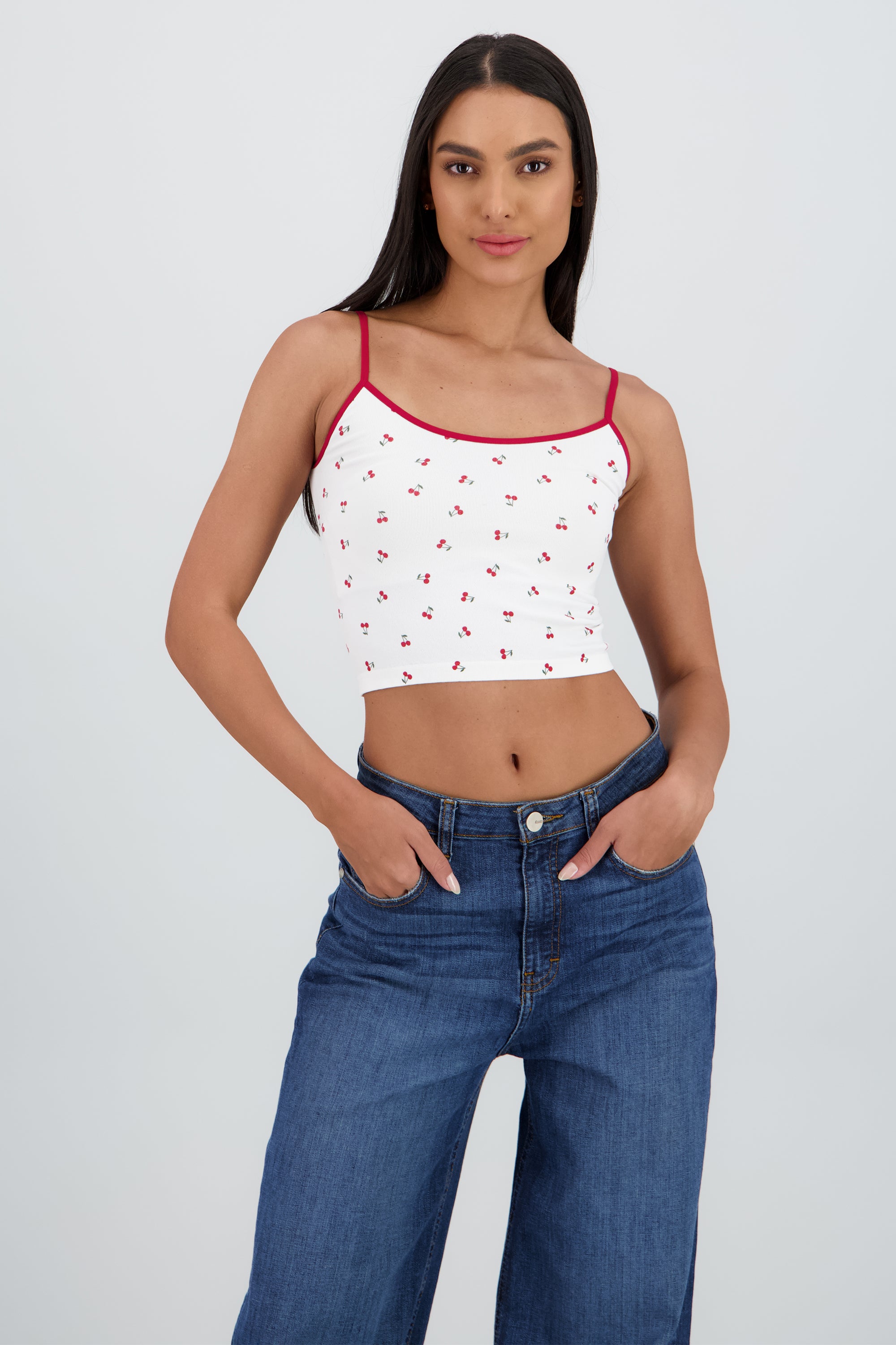 Top tirantes contraste estampado cerezas ROJO COMBO