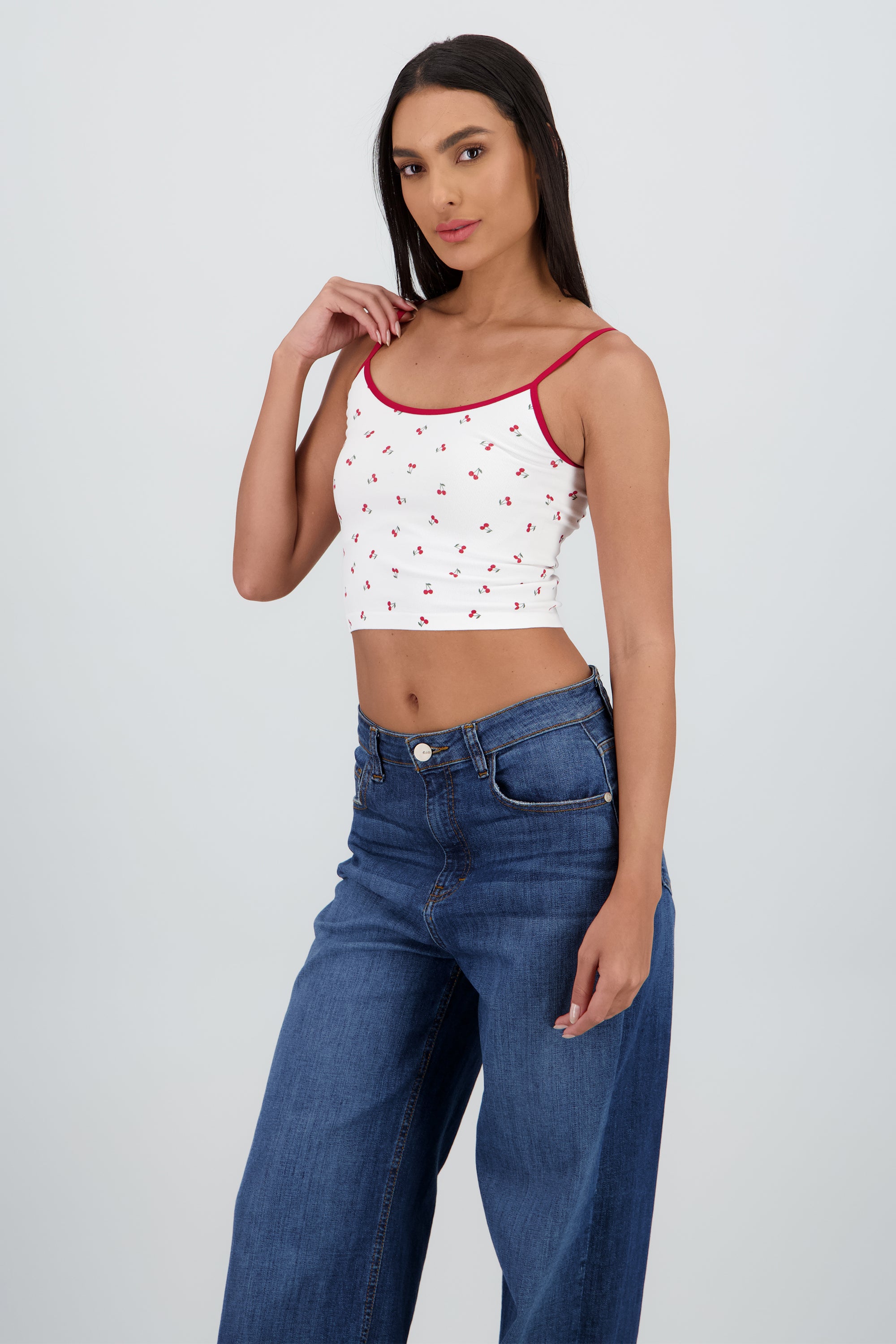 Top tirantes contraste estampado cerezas ROJO COMBO