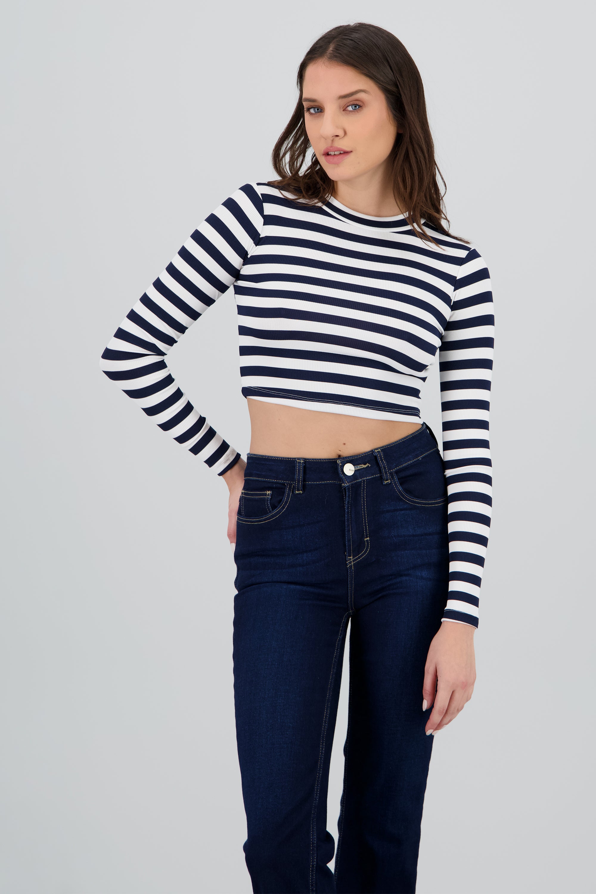Blusa manga larga crop rayas AZUL COMBO