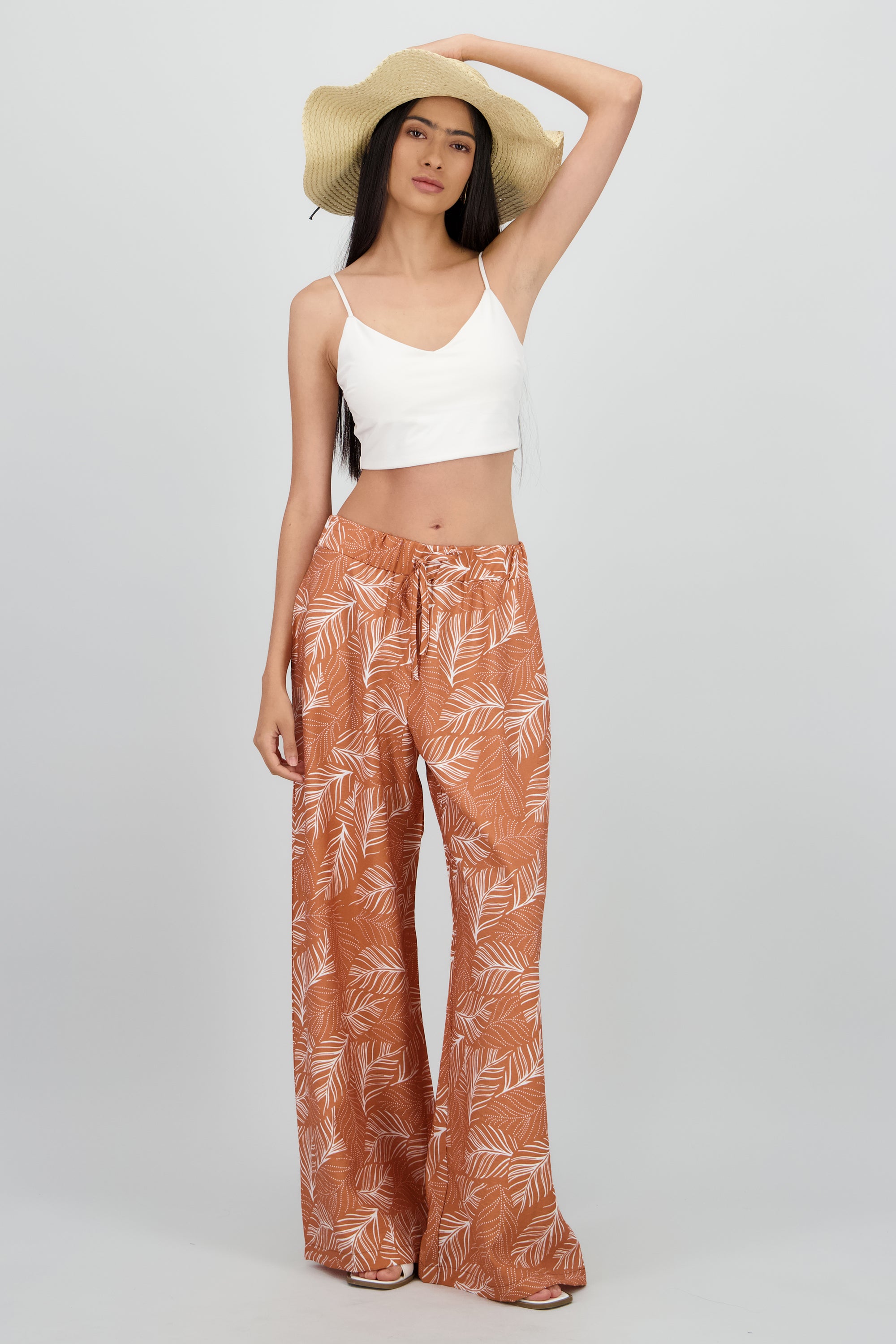 Pantalon amplio detalle resorte estampado tropical NARANJA COMBO