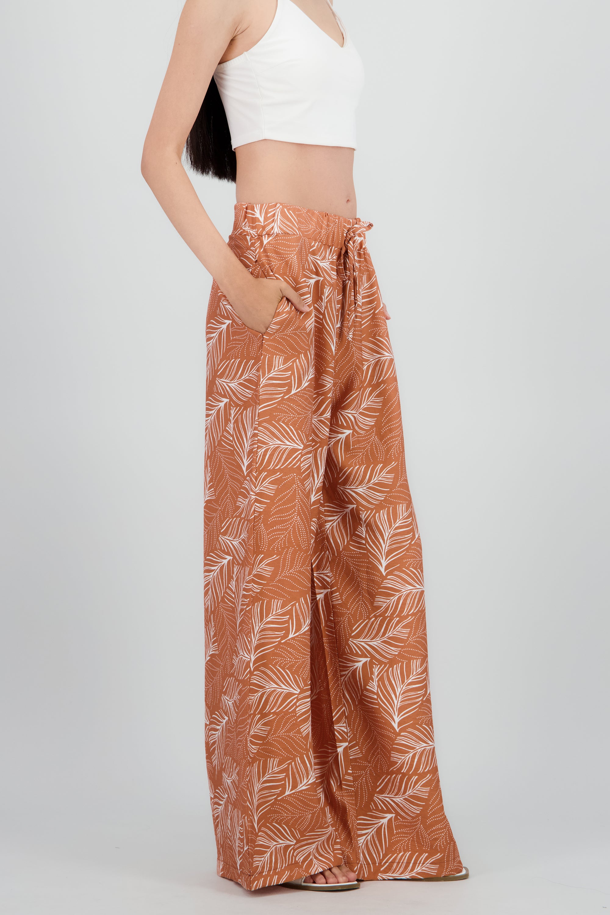 Pantalon amplio detalle resorte estampado tropical NARANJA COMBO