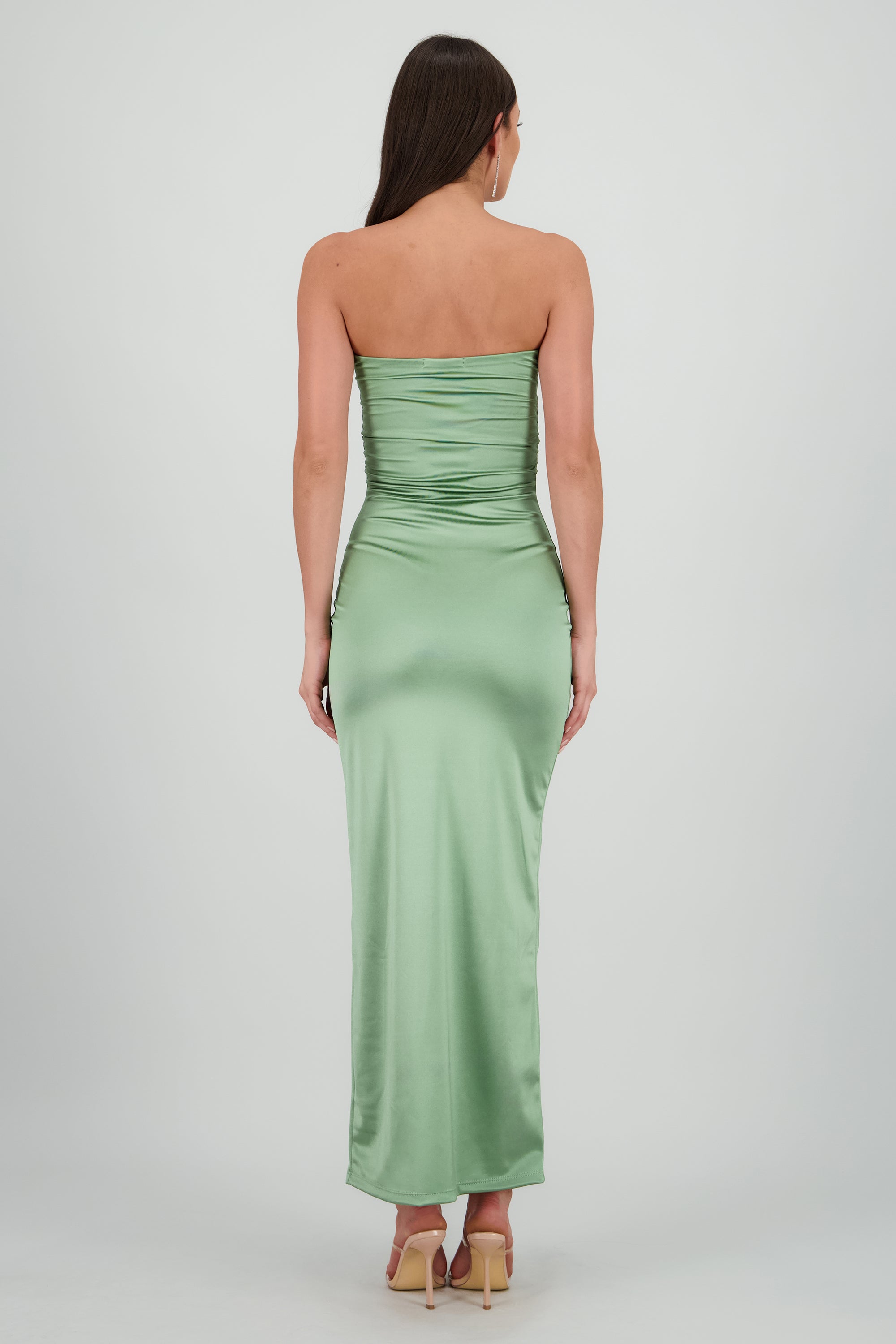 Vestido maxi satin strapless drapeado OLIVO