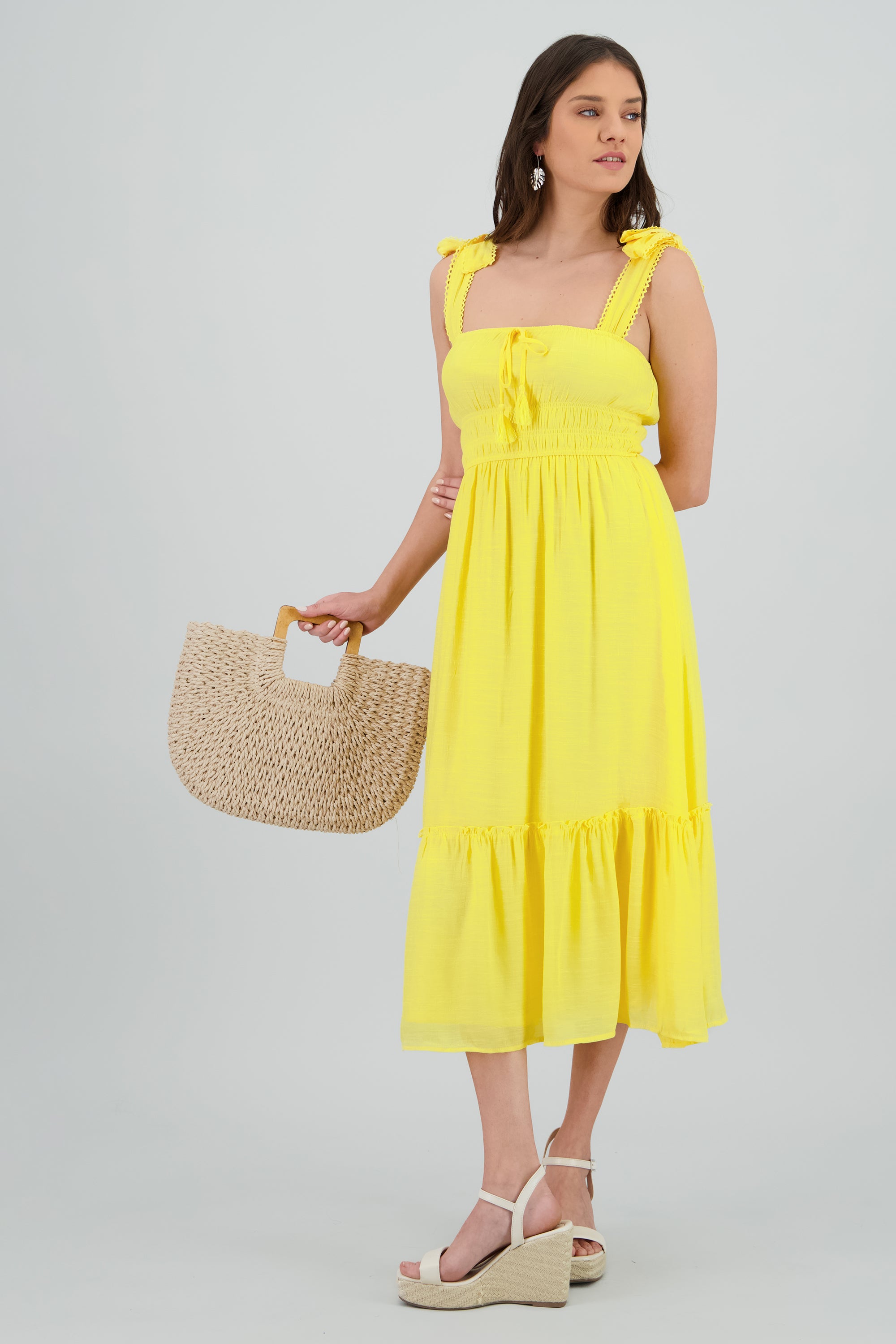 Vestido maxi liso tirantes moño AMARILLO