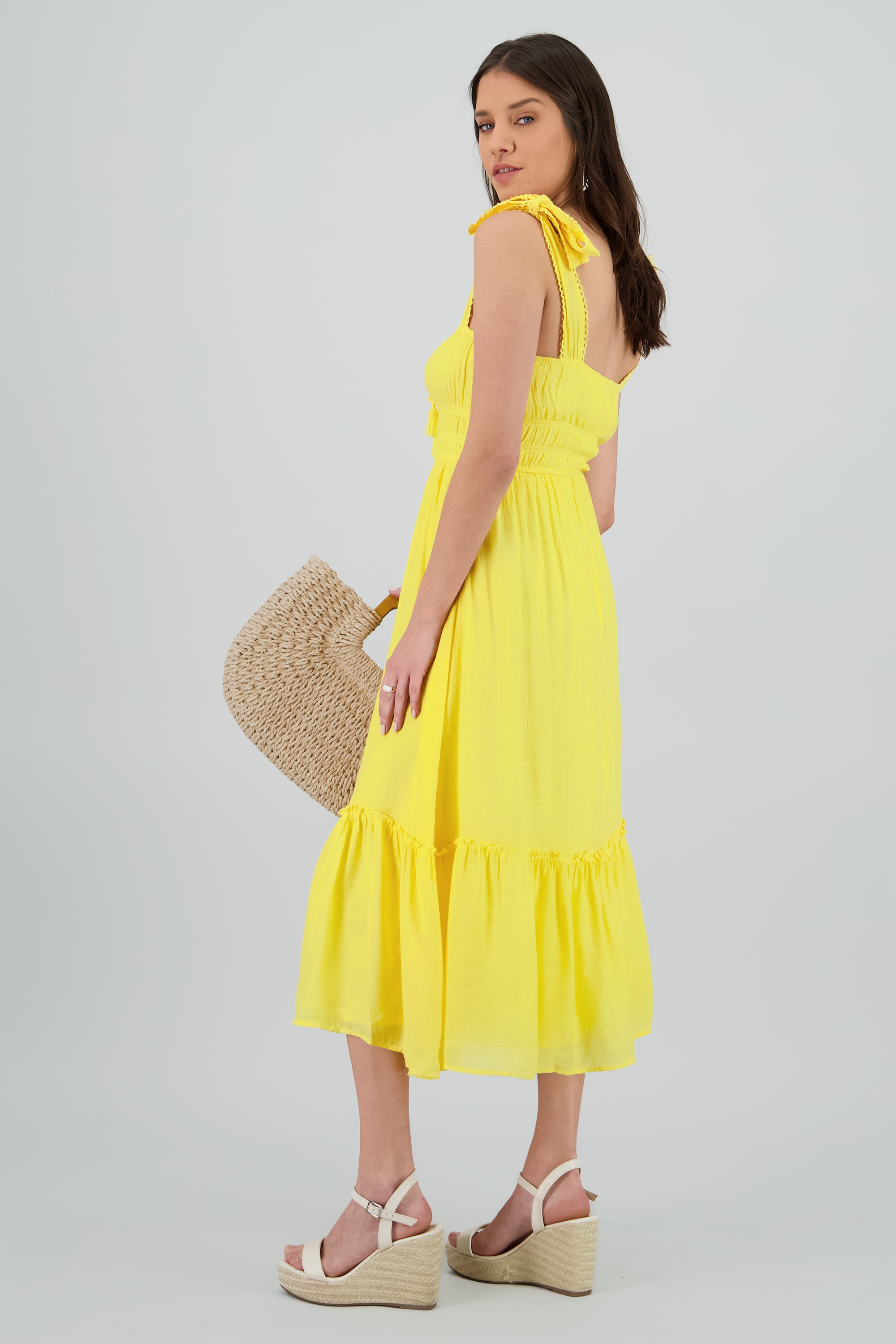 Vestido maxi liso tirantes moño AMARILLO