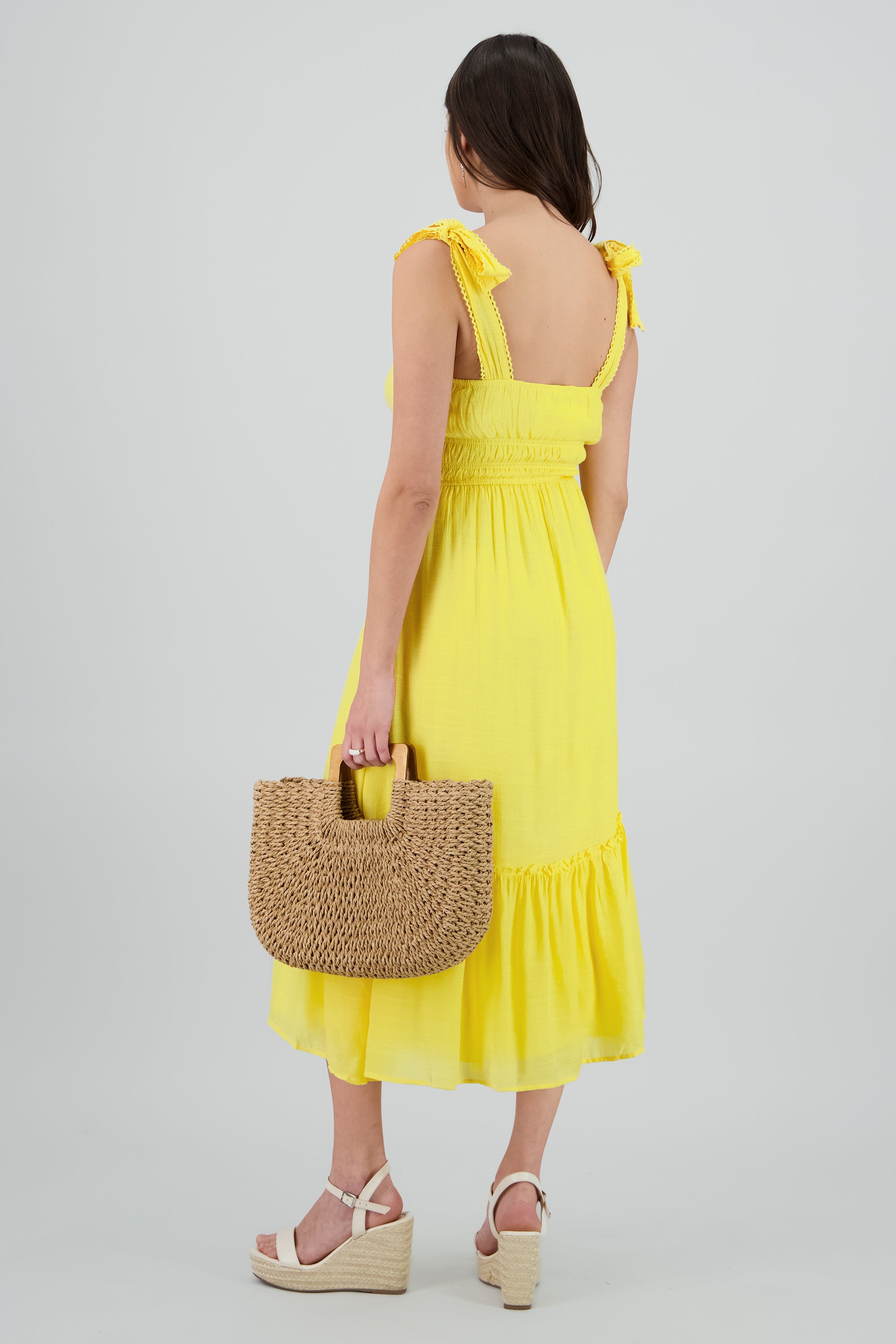 Vestido maxi liso tirantes moño AMARILLO