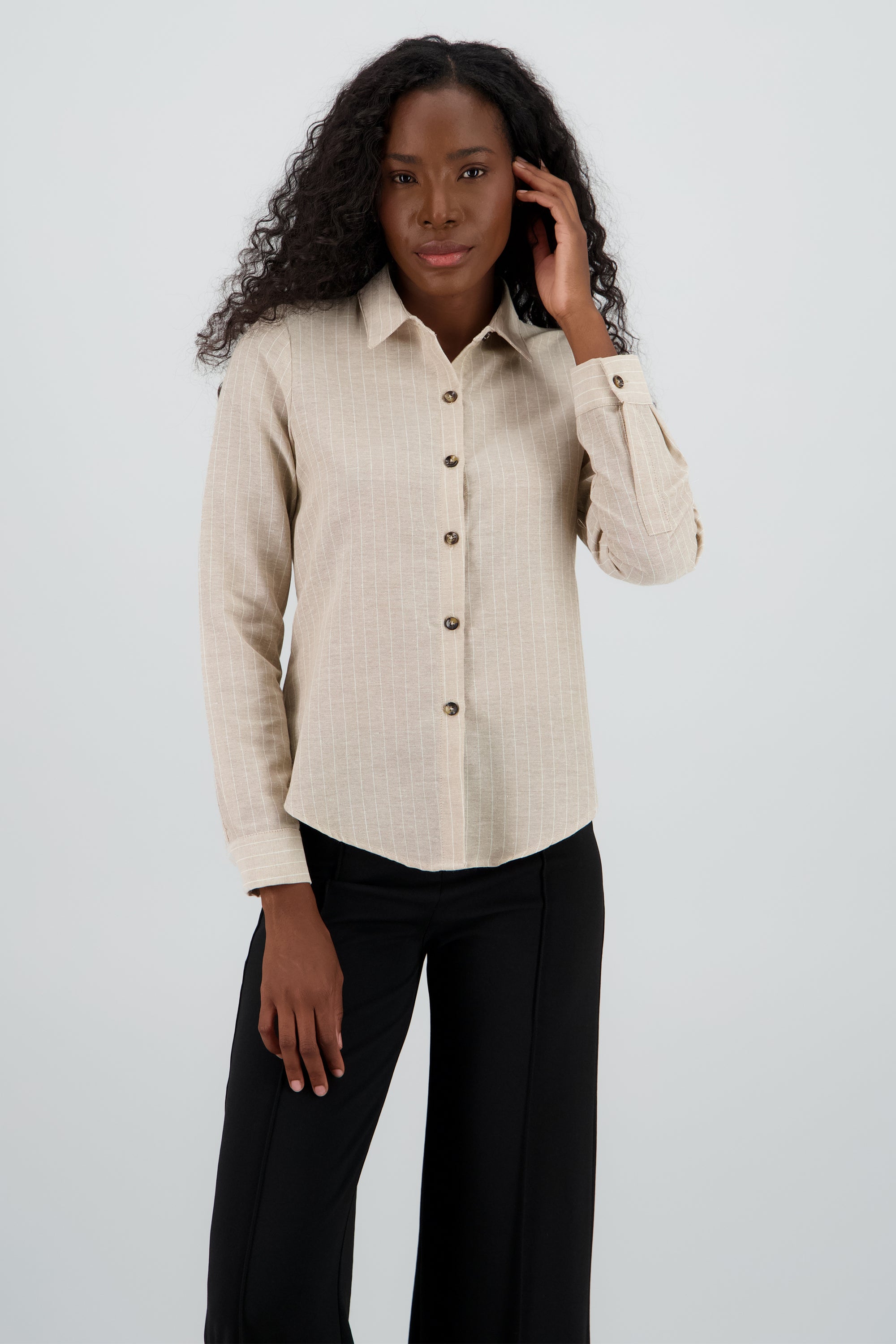Camisa manga larga rayas detalle botones KHAKI