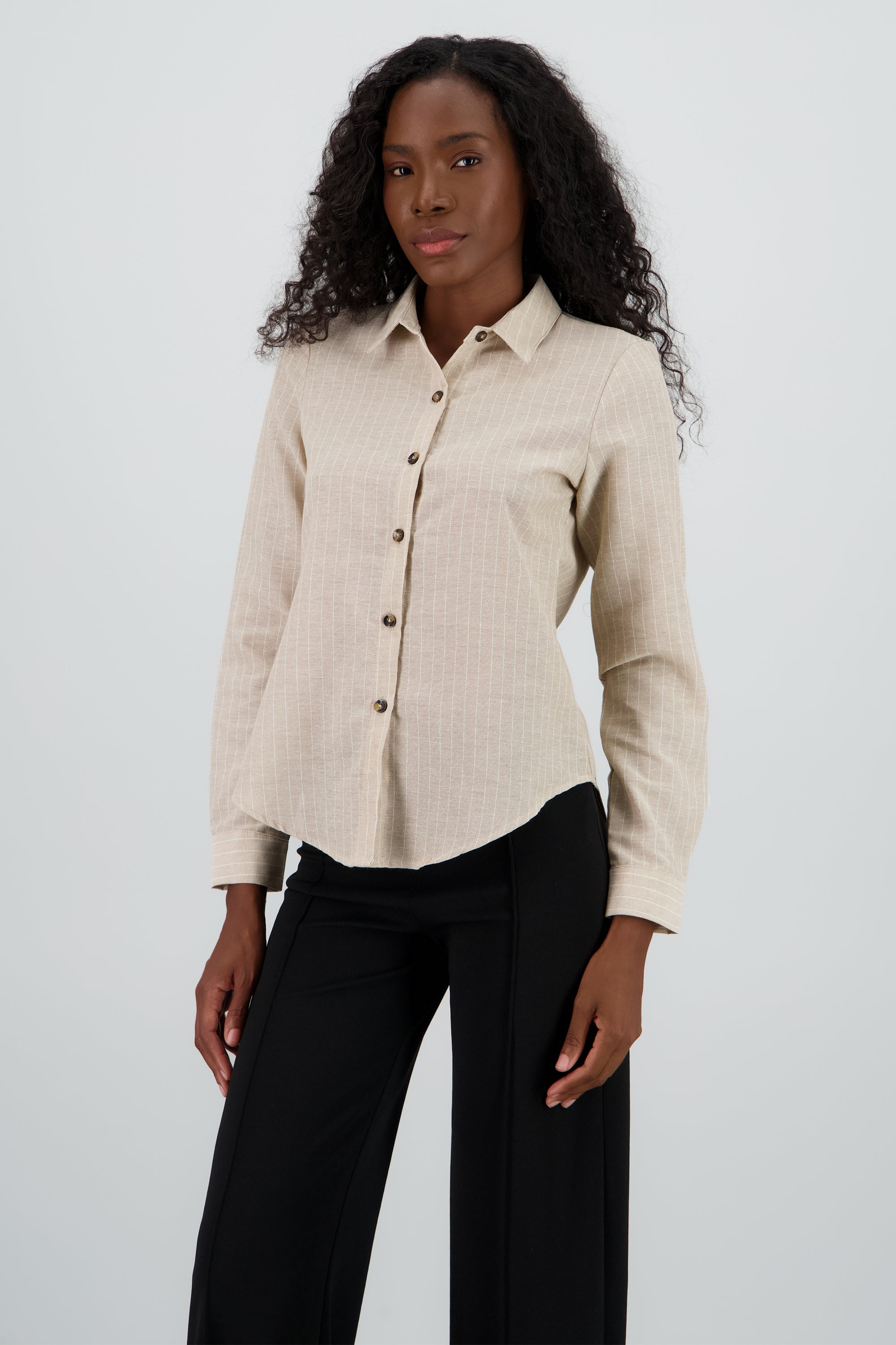Camisa manga larga rayas detalle botones KHAKI