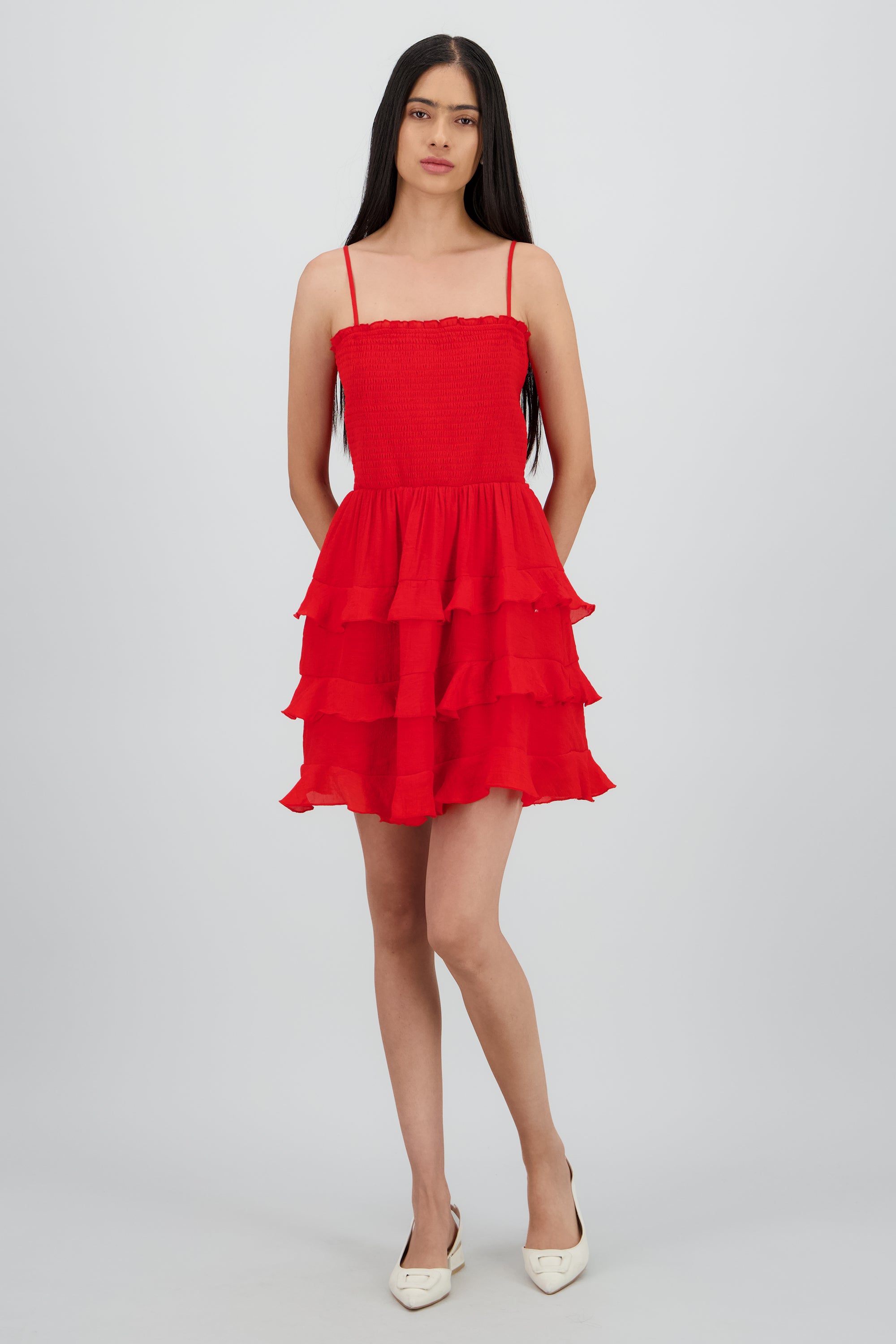 Vestido mini tirantes y olanes ROJO