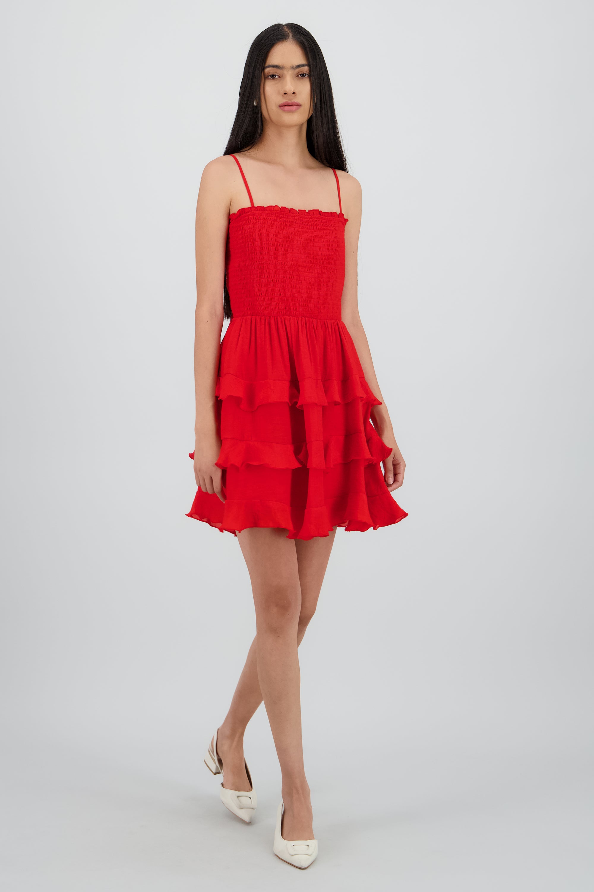 Vestido mini tirantes y olanes ROJO