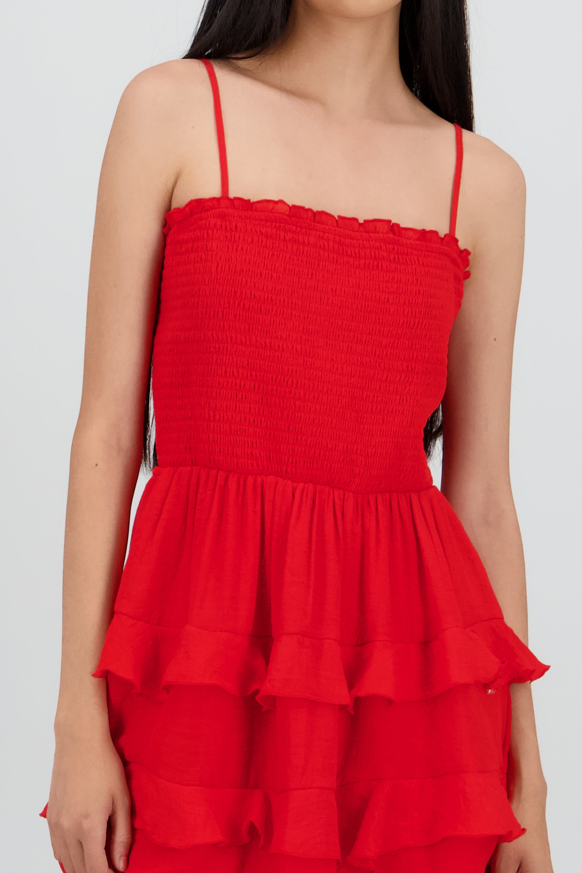 Vestido mini tirantes y olanes ROJO