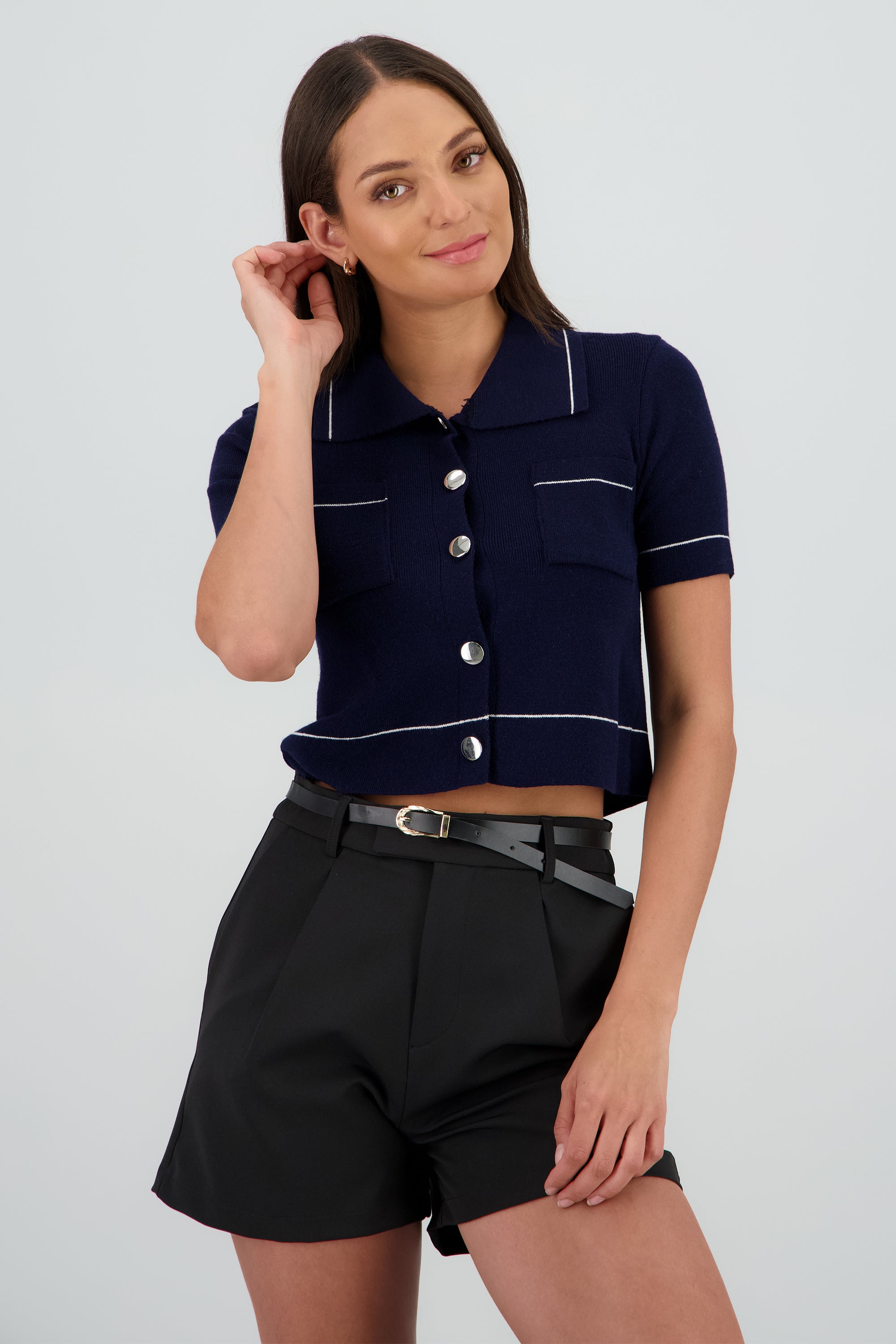 Top manga corta cuello camisero detalle linea MARINO