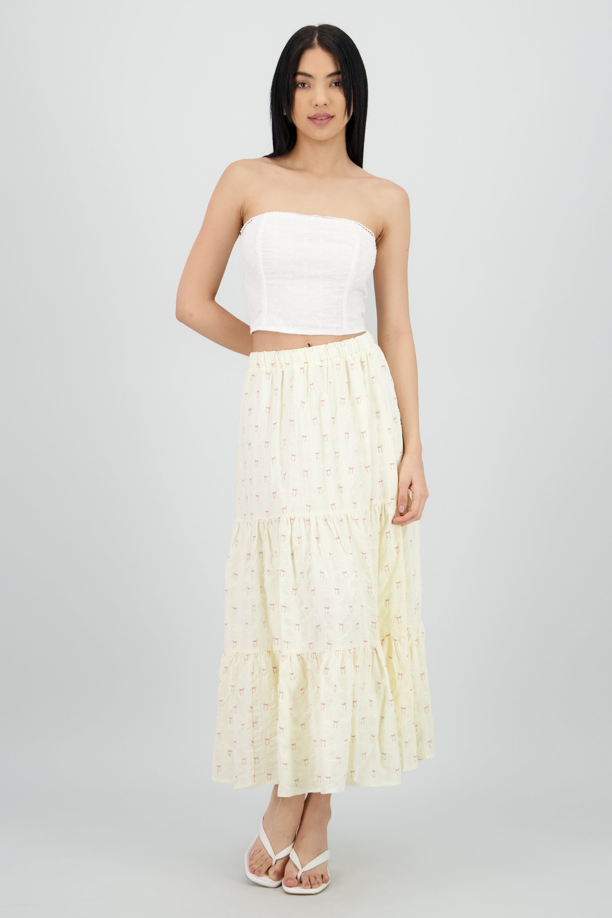 Falda midi estampado moños y polkas CREMA
