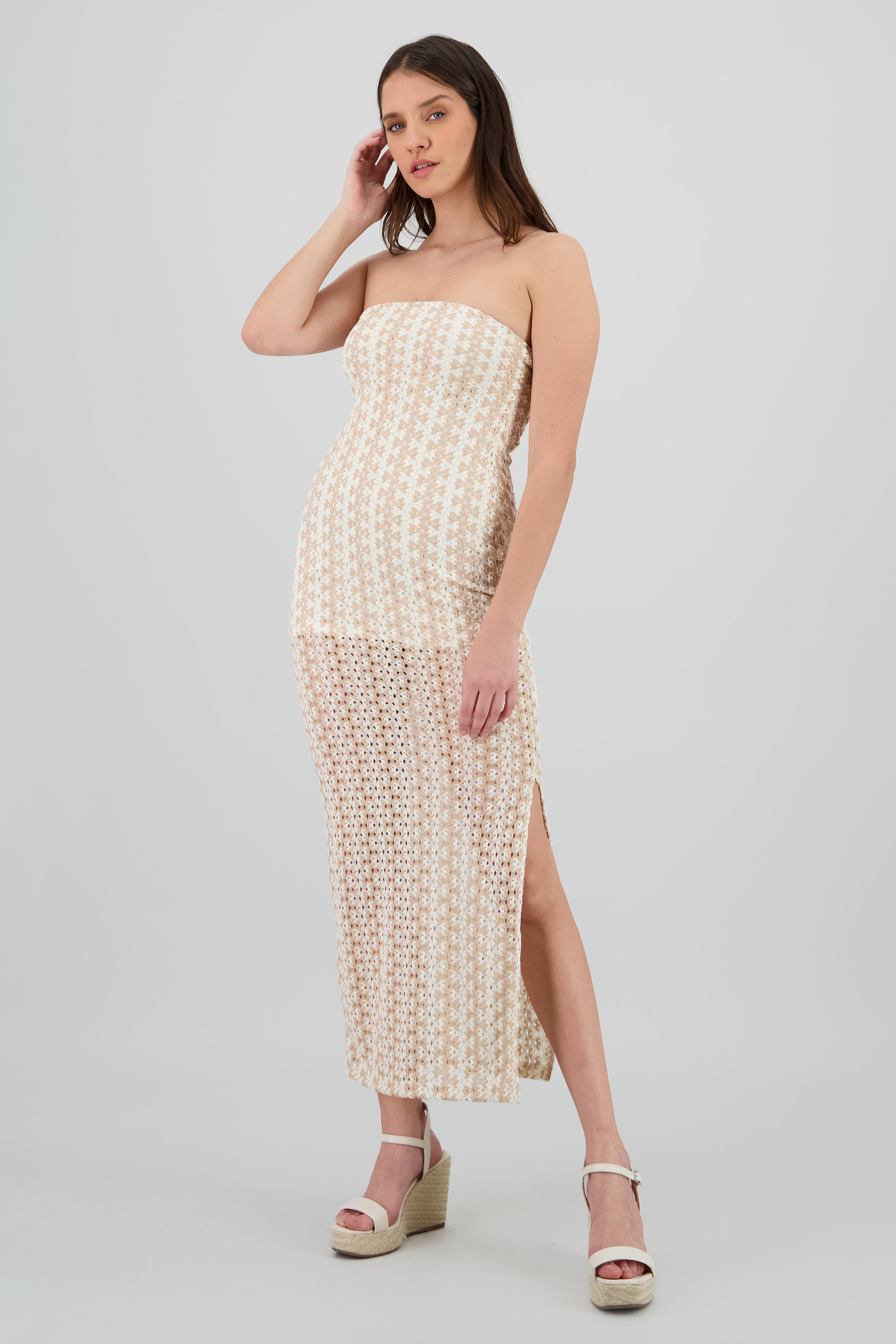 Vestido maxi strapless tejido KHAKI COMBO