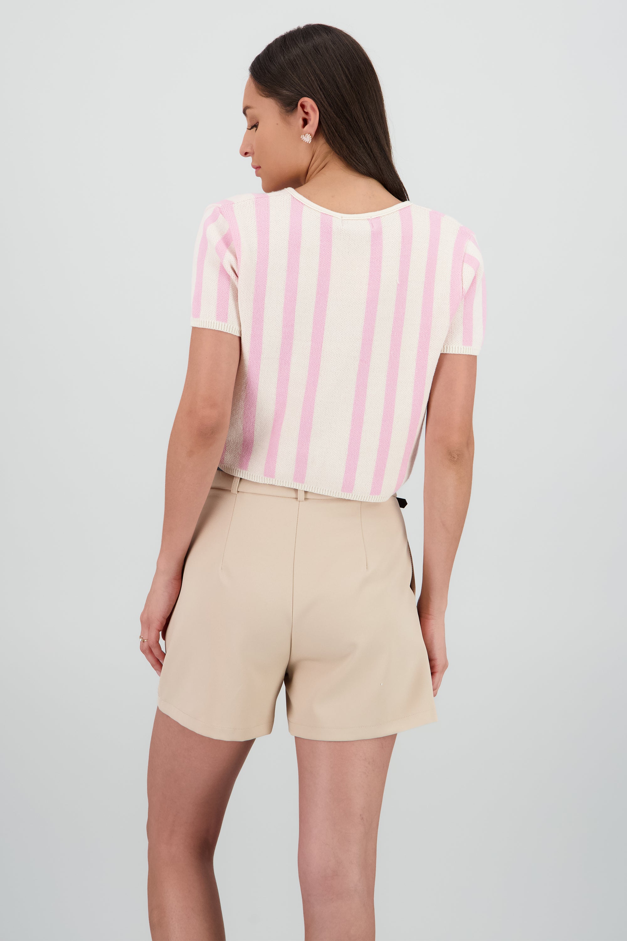Cardigan rayas detalle botones perlas manga corta ROSA COMBO