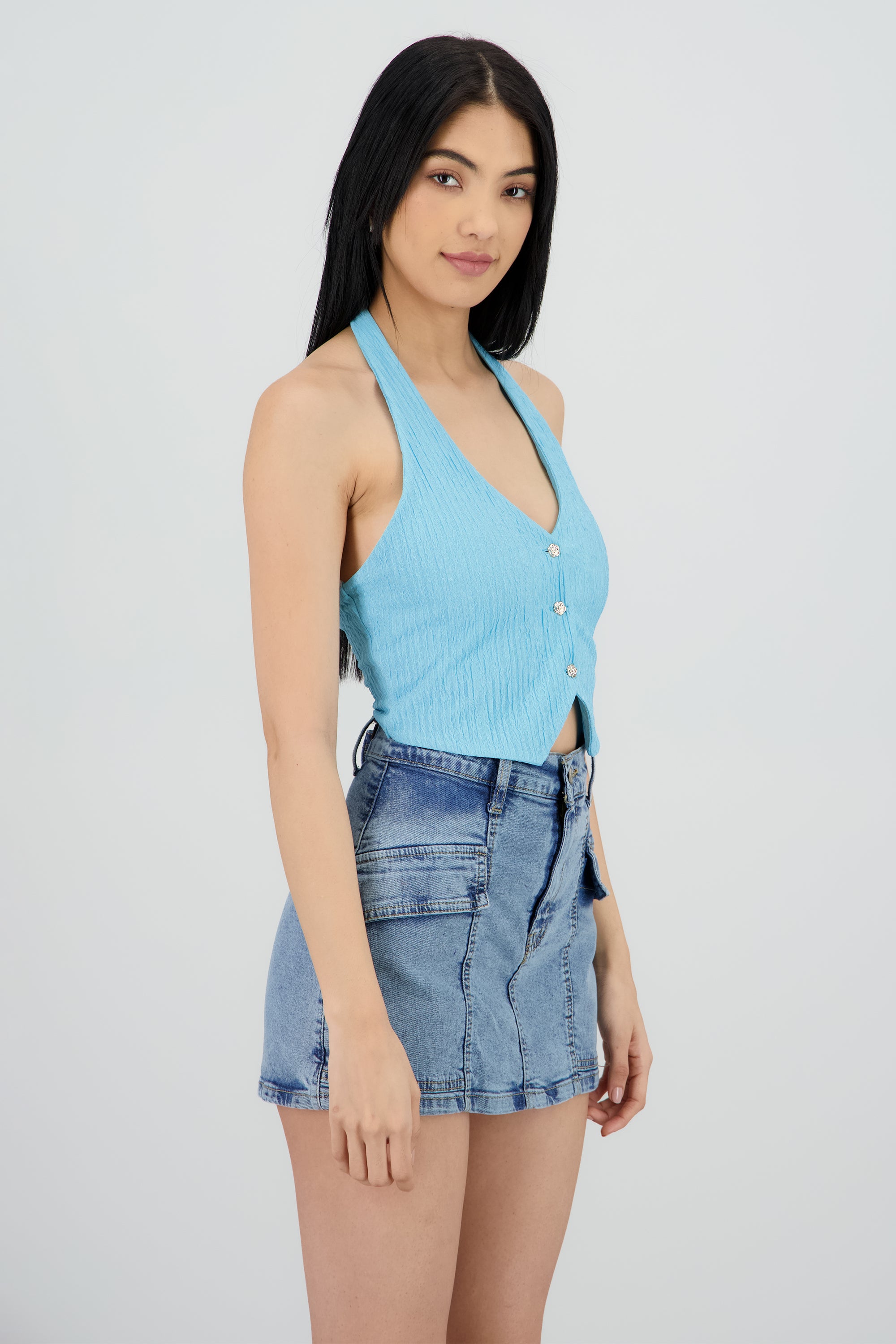 Top halter botones textura AZUL