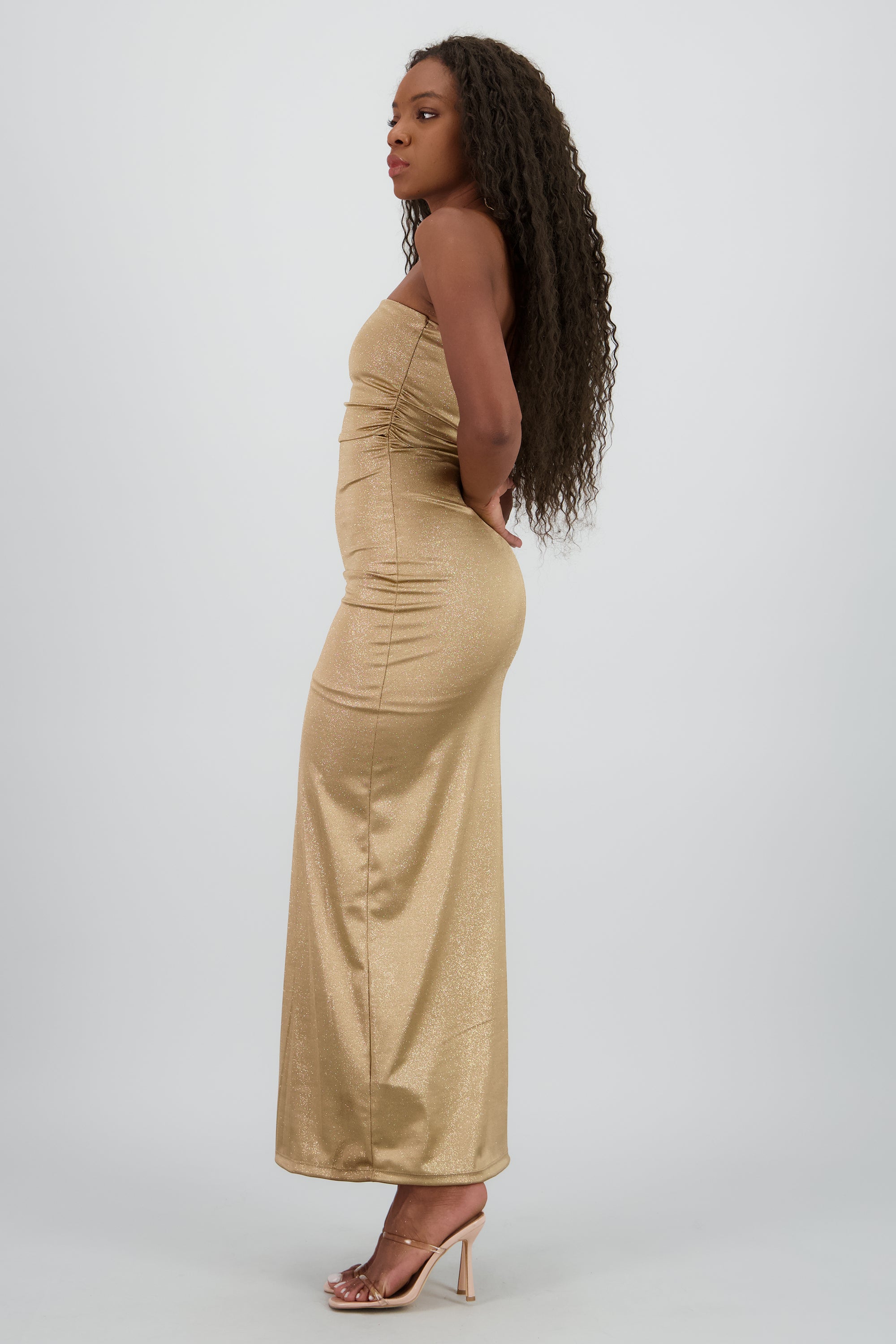 Vestido maxi strapless brillos ORO