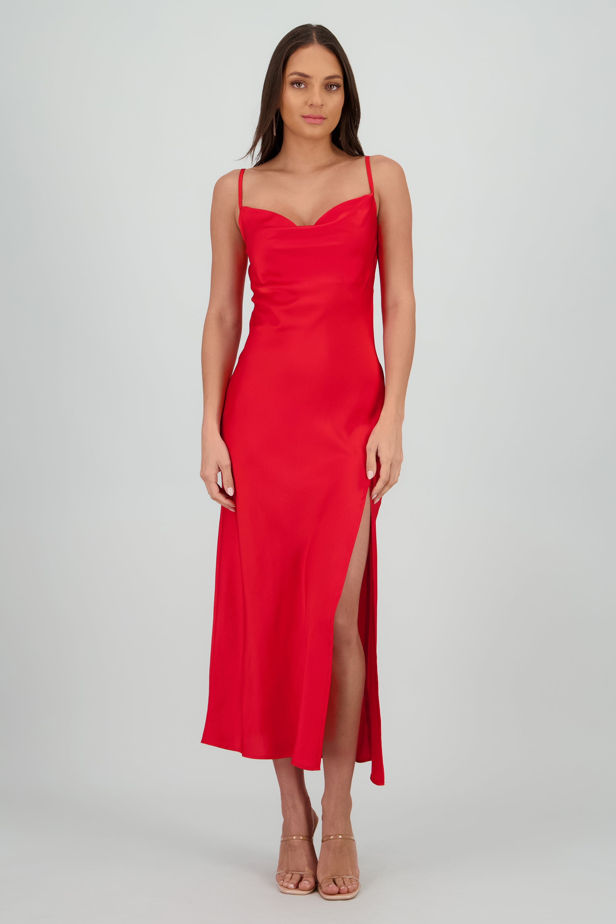 Vestido maxi satin escote columpio ROJO