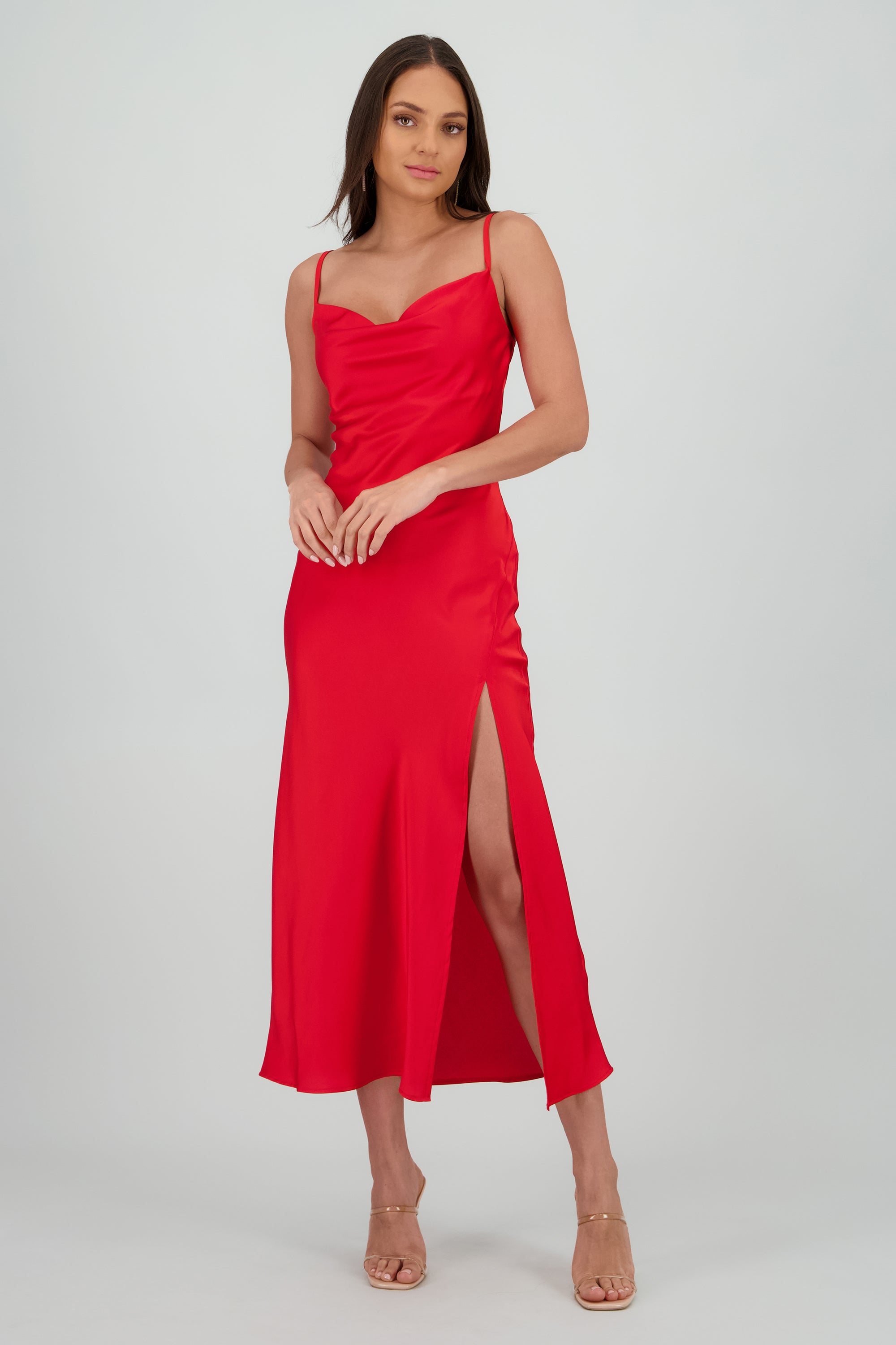 Vestido maxi satin escote columpio ROJO