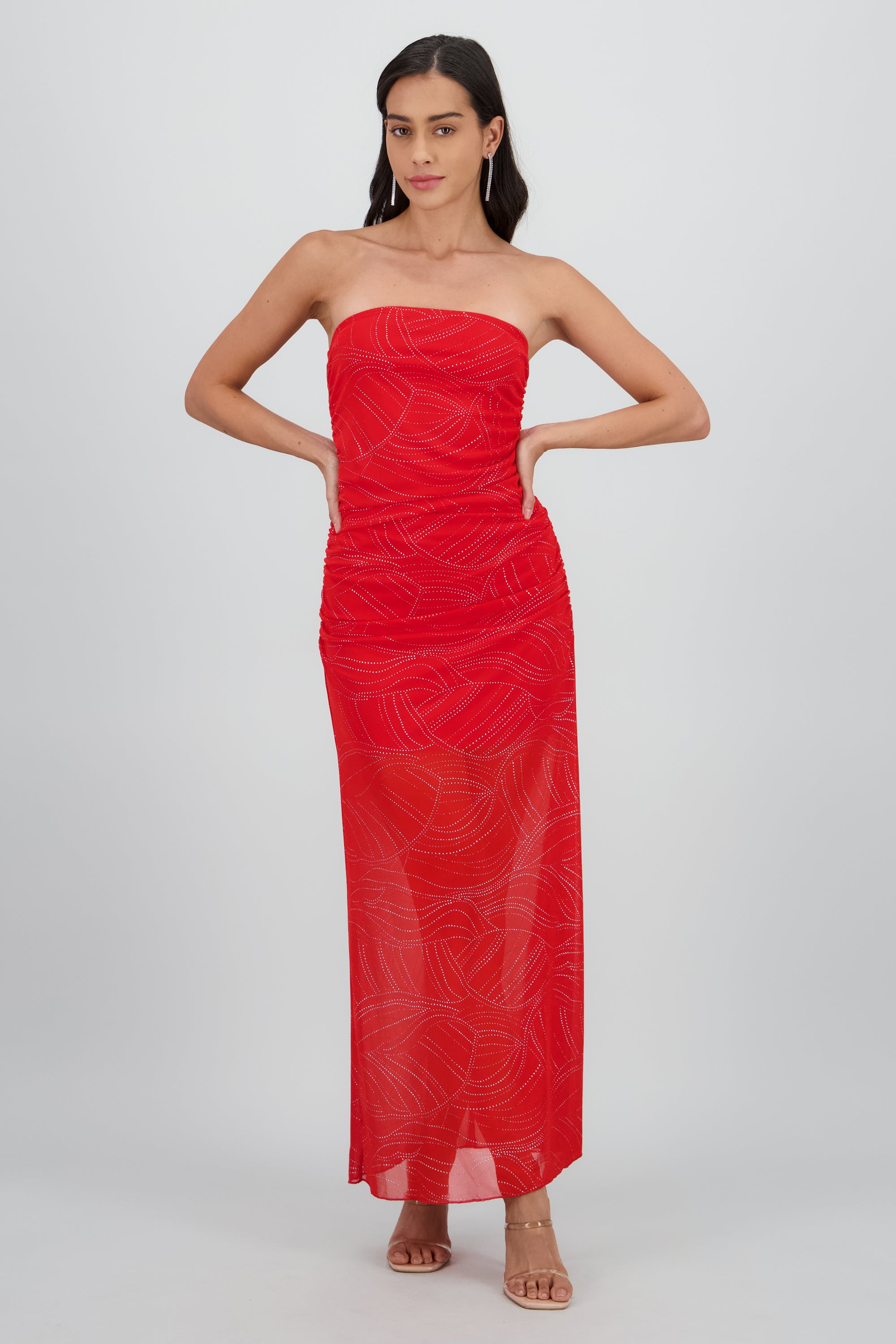 Vestido strapless midi drapeado detalle brillos ROJO