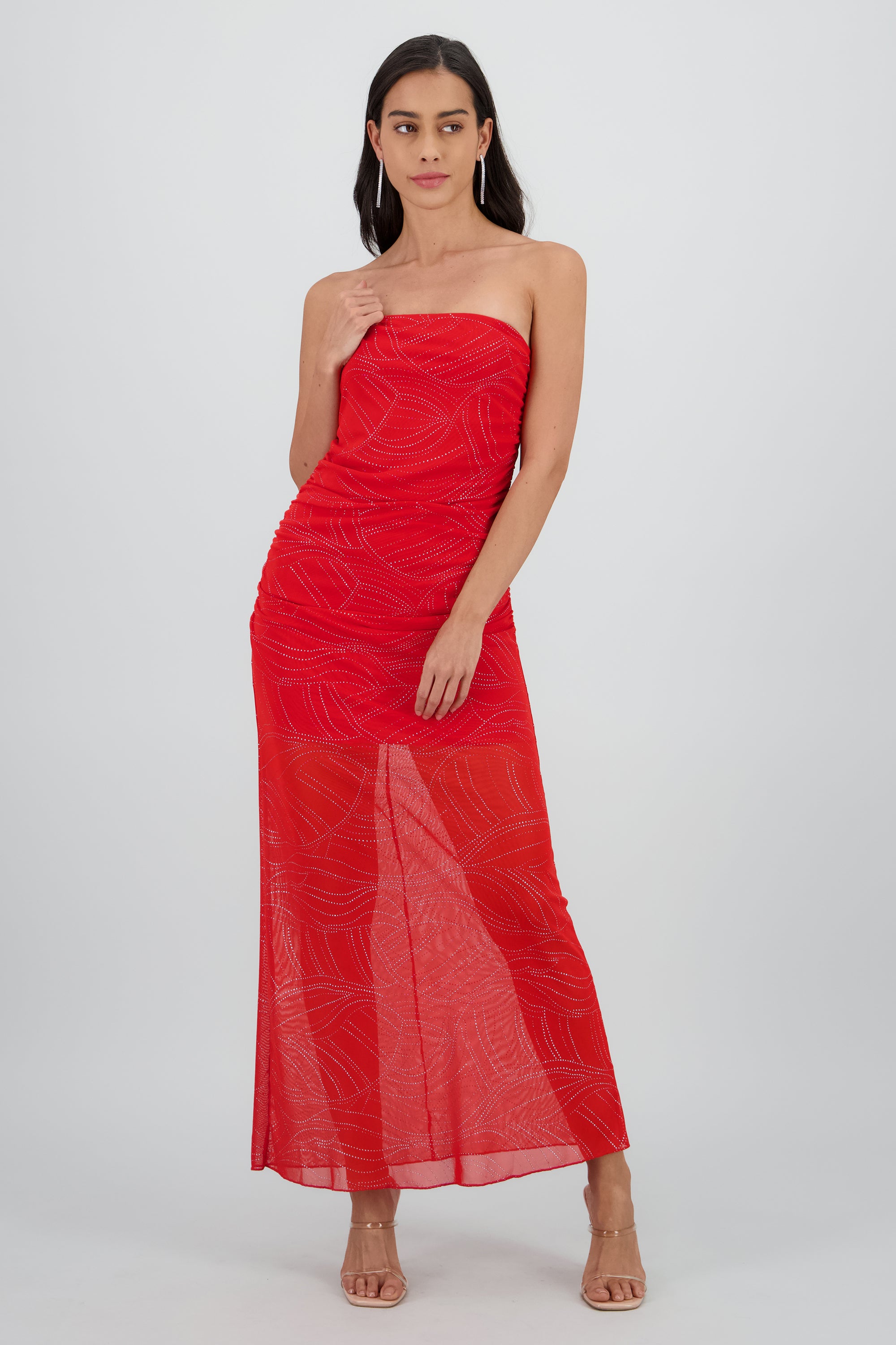 Vestido strapless midi drapeado detalle brillos ROJO