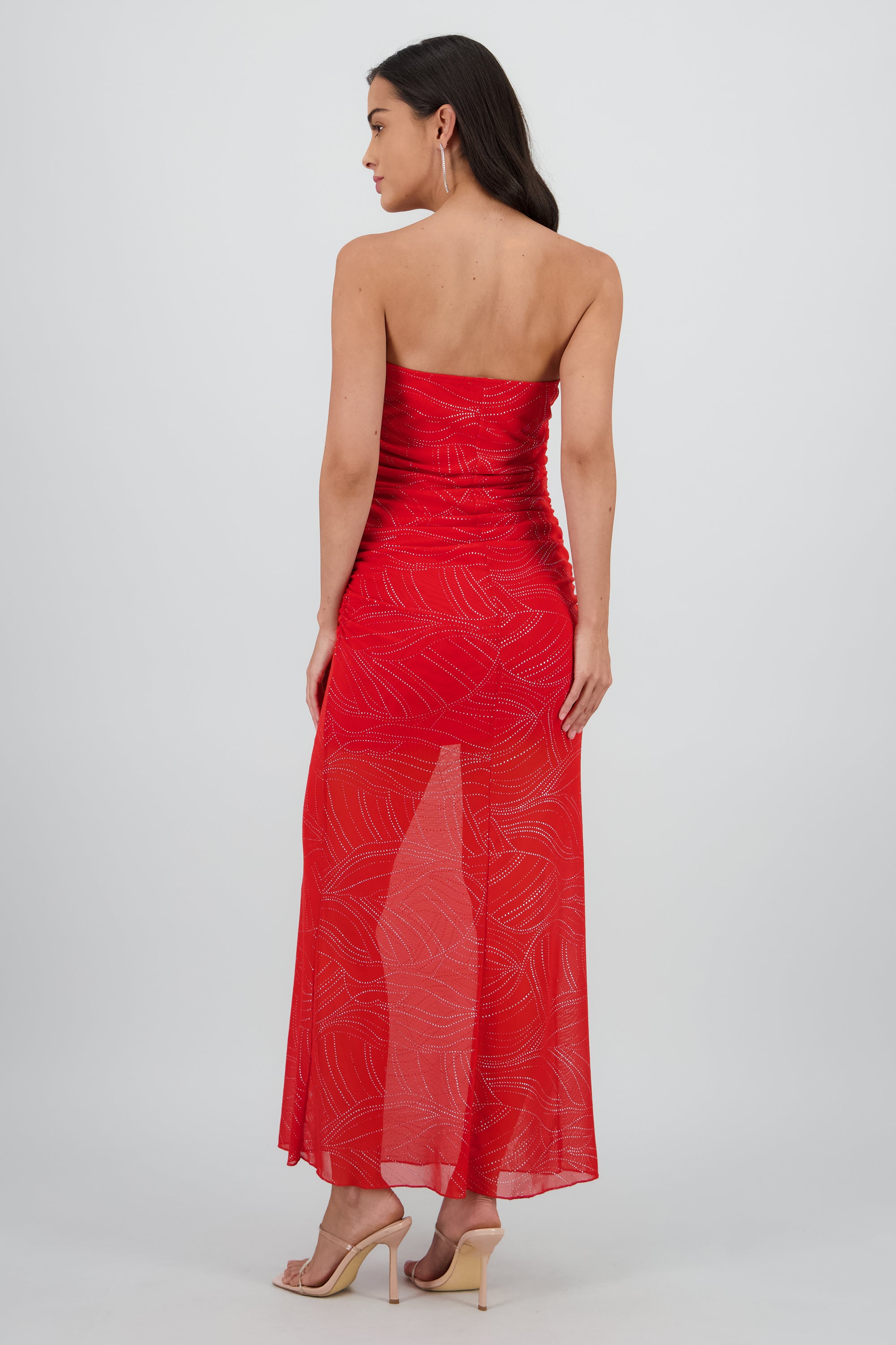 Vestido strapless midi drapeado detalle brillos ROJO