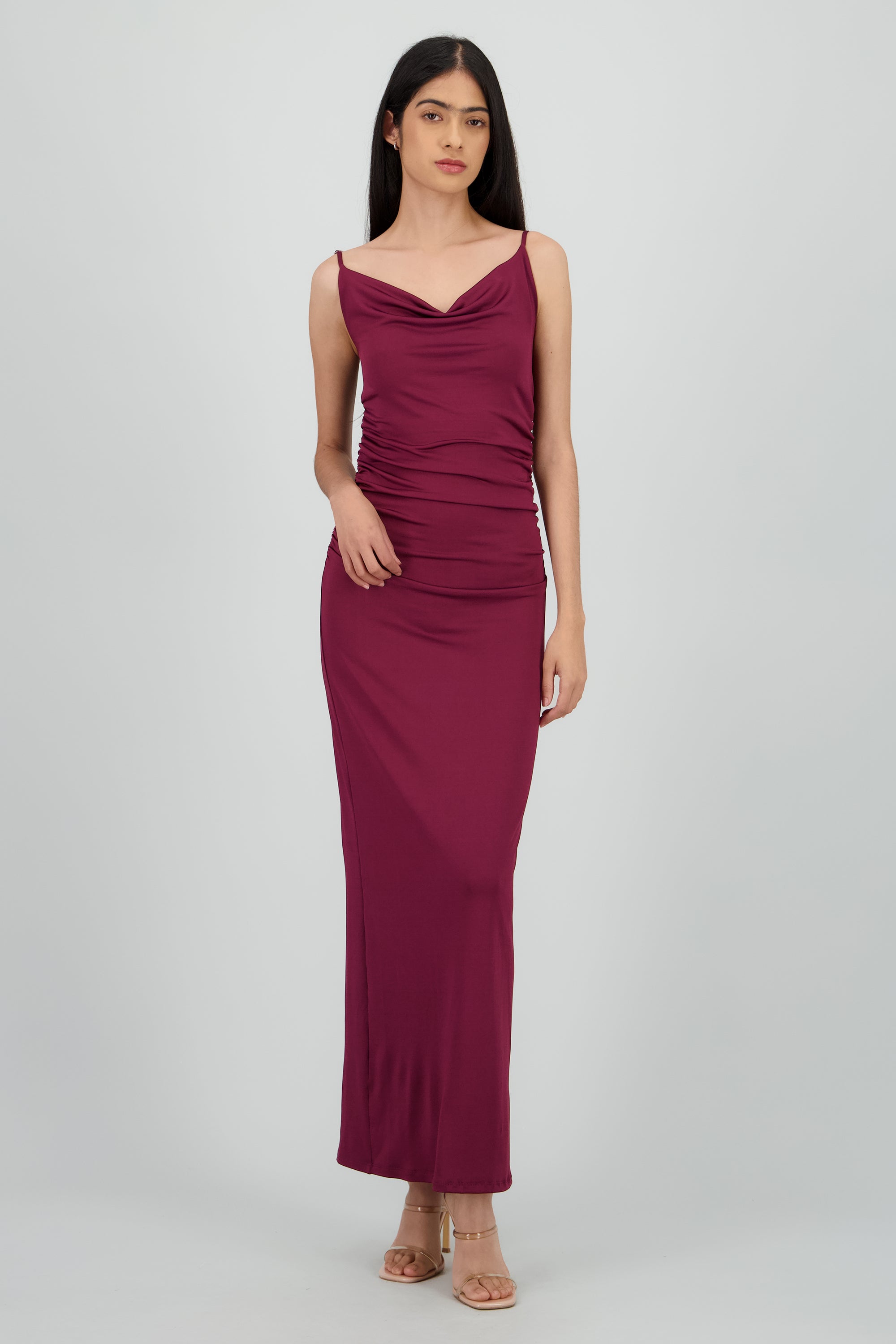 Vestido maxi mesh drapeado tirantes VINO
