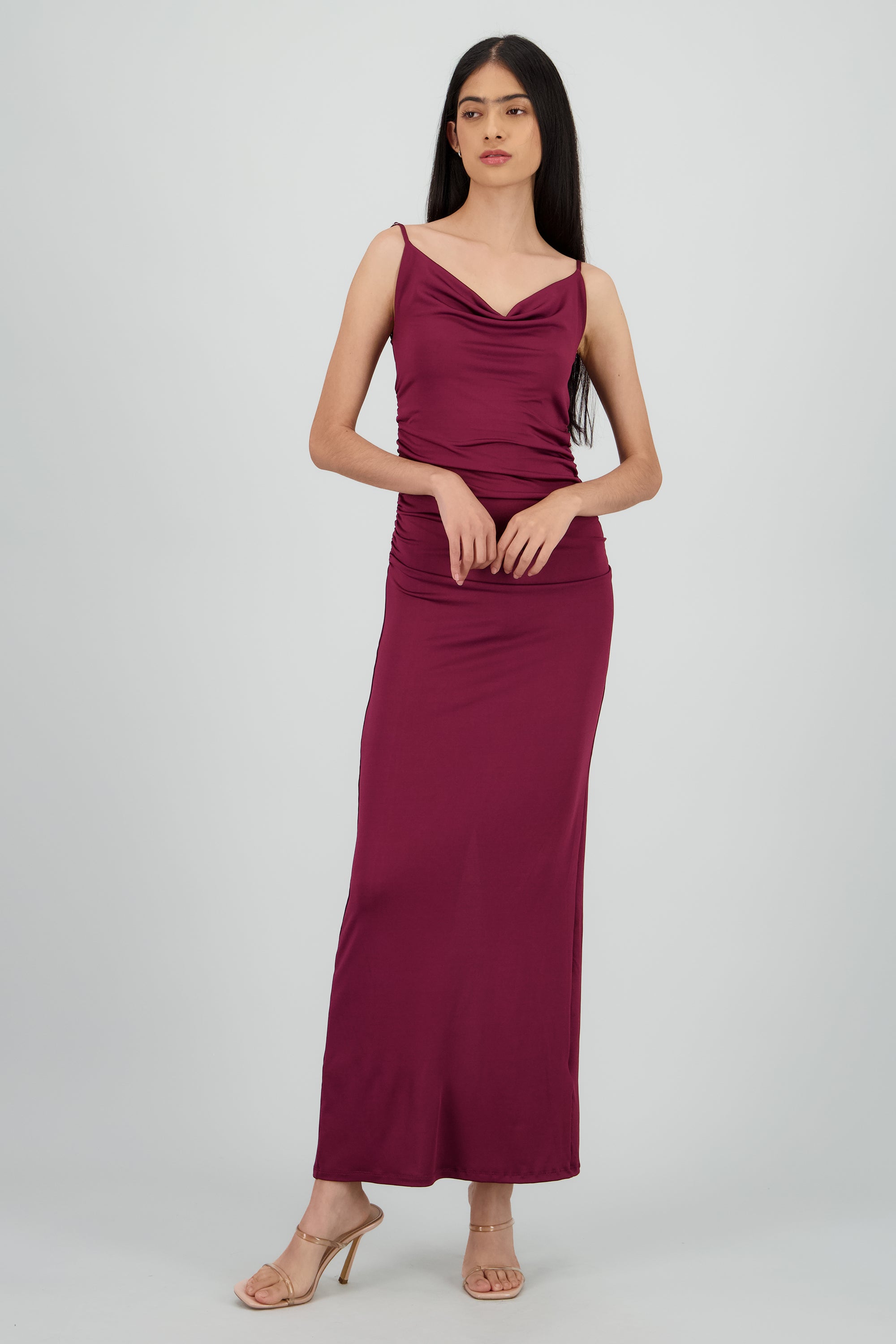 Vestido maxi mesh drapeado tirantes VINO