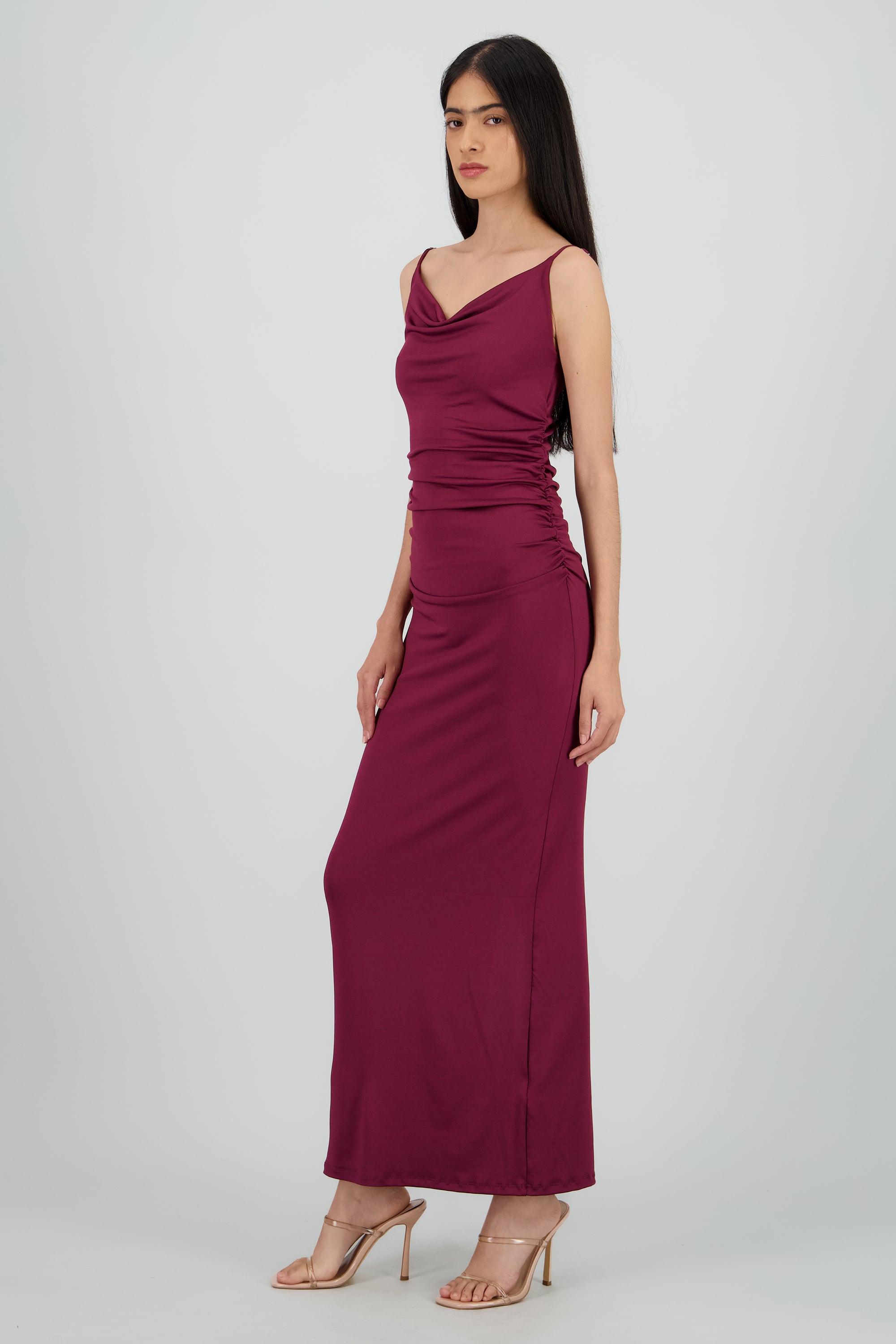 Vestido maxi mesh drapeado tirantes VINO