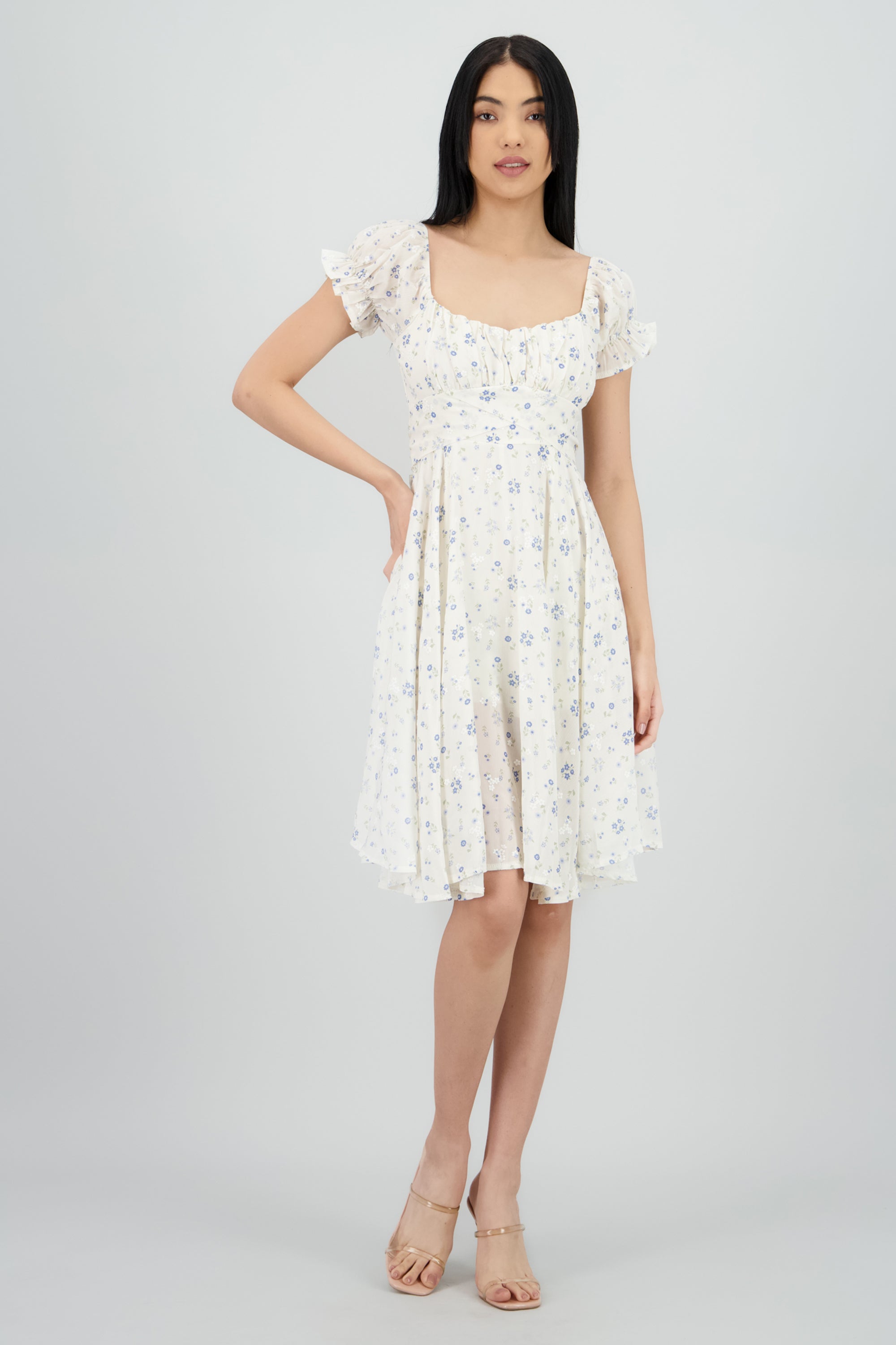 Vestido midi manga corta con amarre AZUL COMBO