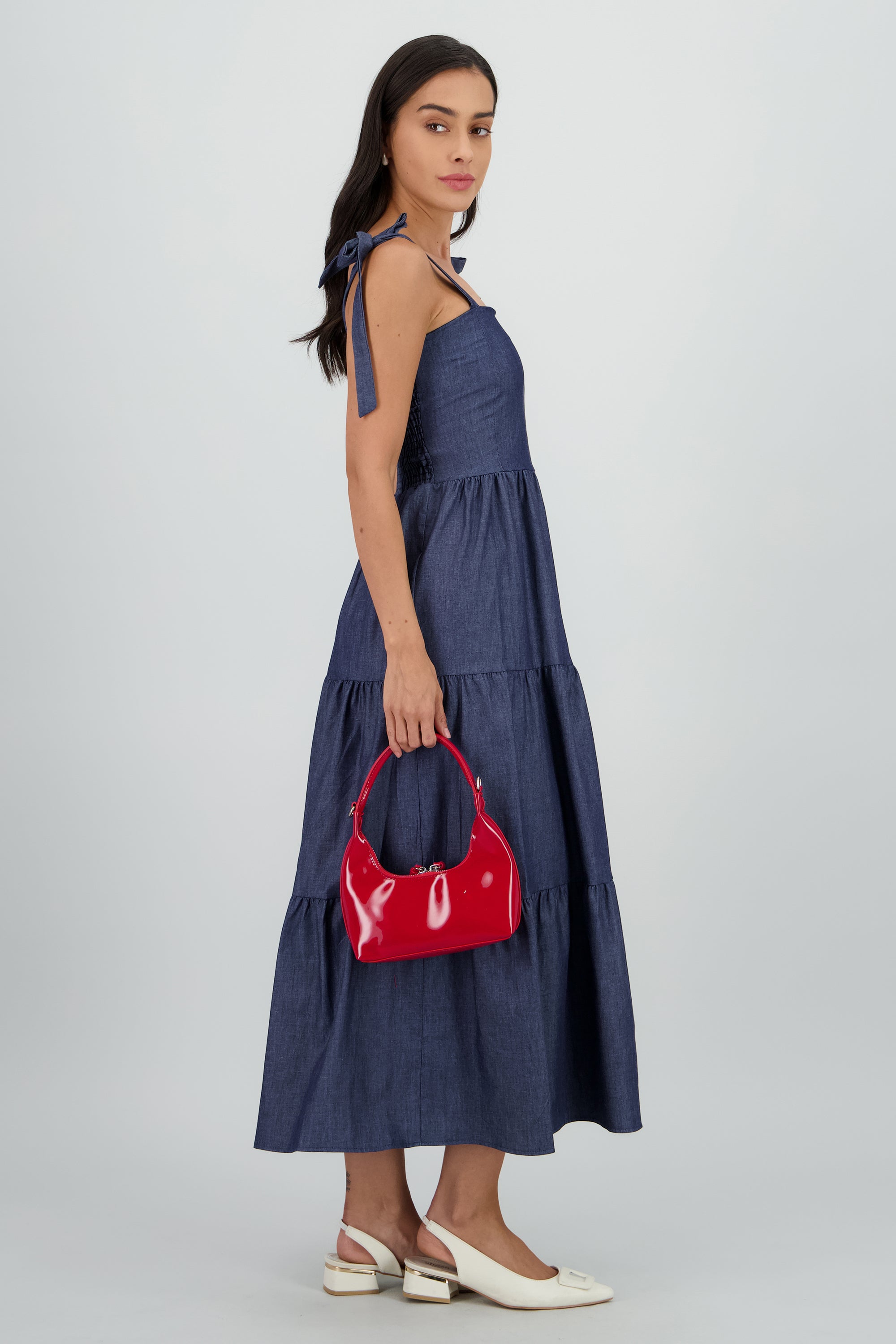 VESTIDO DENIM MIDI CON CORTES DARK WASH
