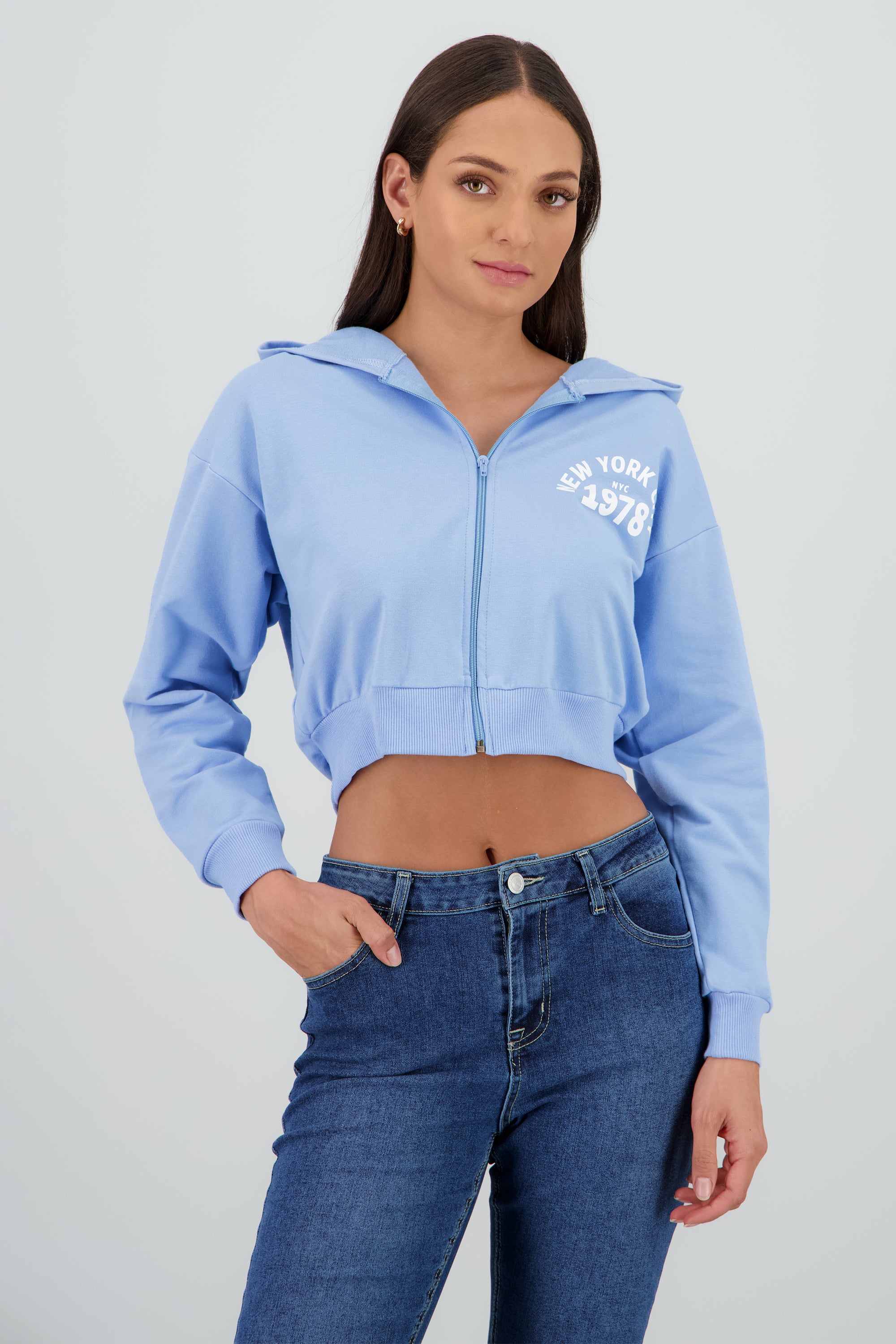 Sudadera crop cierre new york AZUL PASTEL