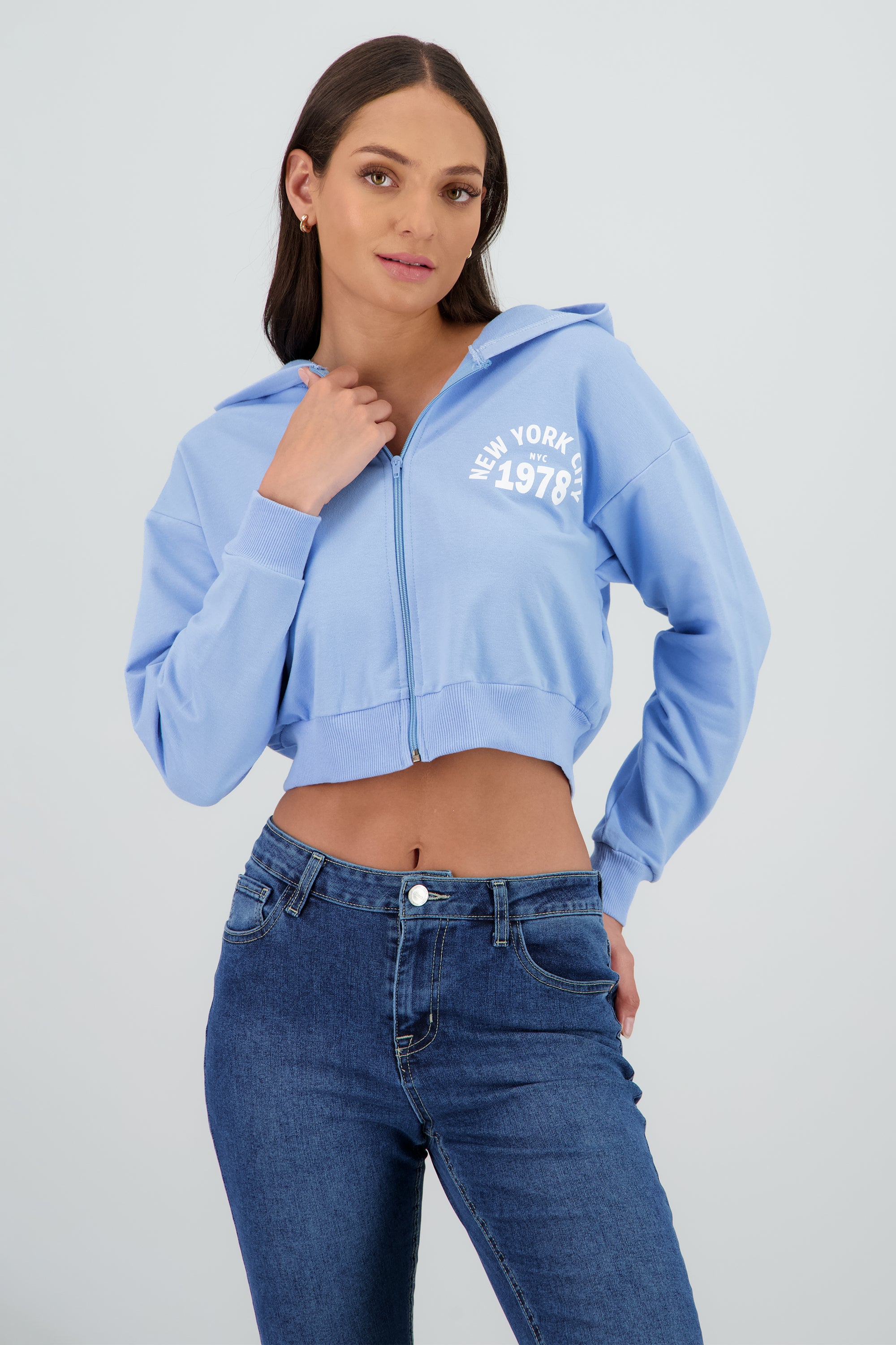 Sudadera crop cierre new york AZUL PASTEL