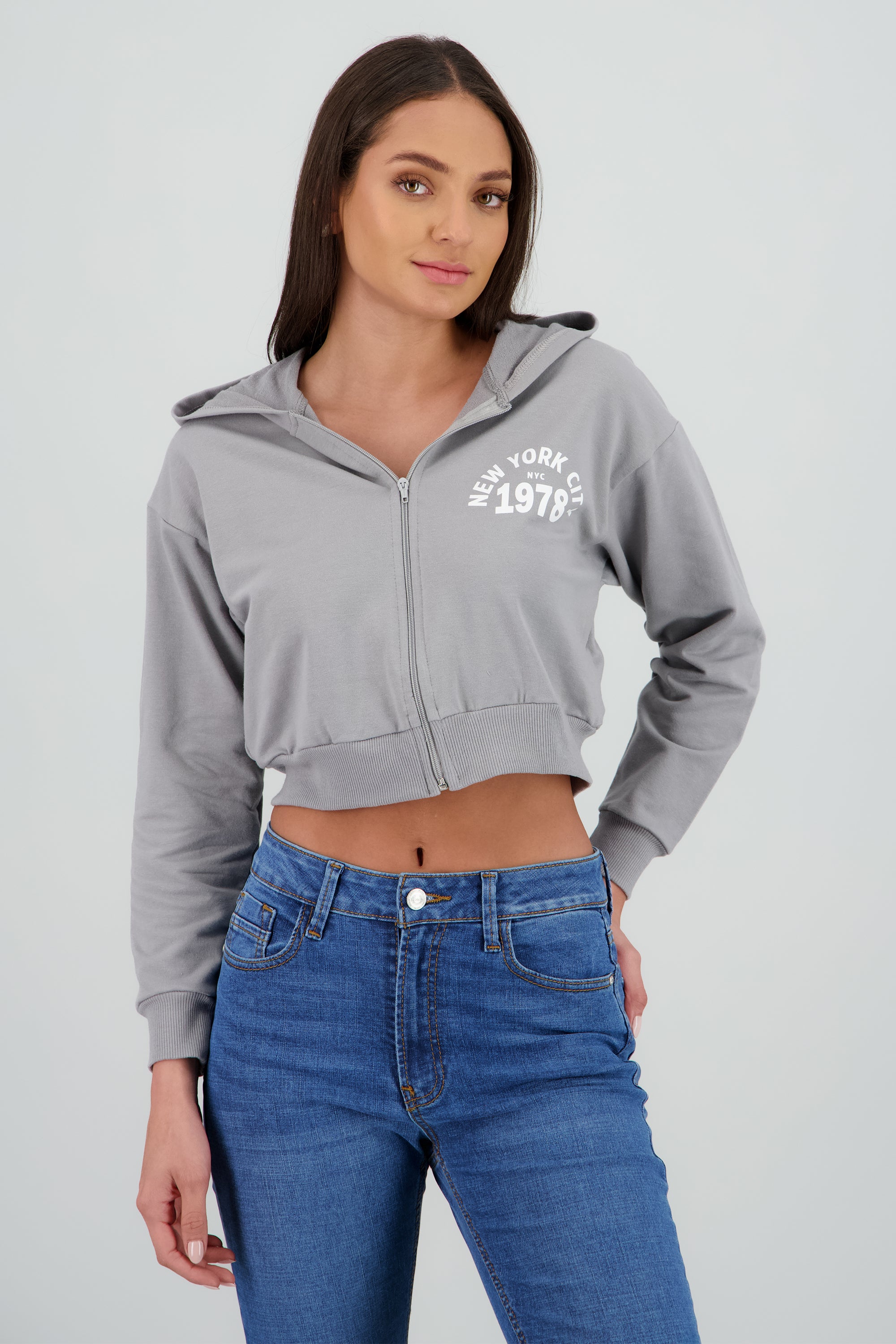 Sudadera crop cierre new york GRIS
